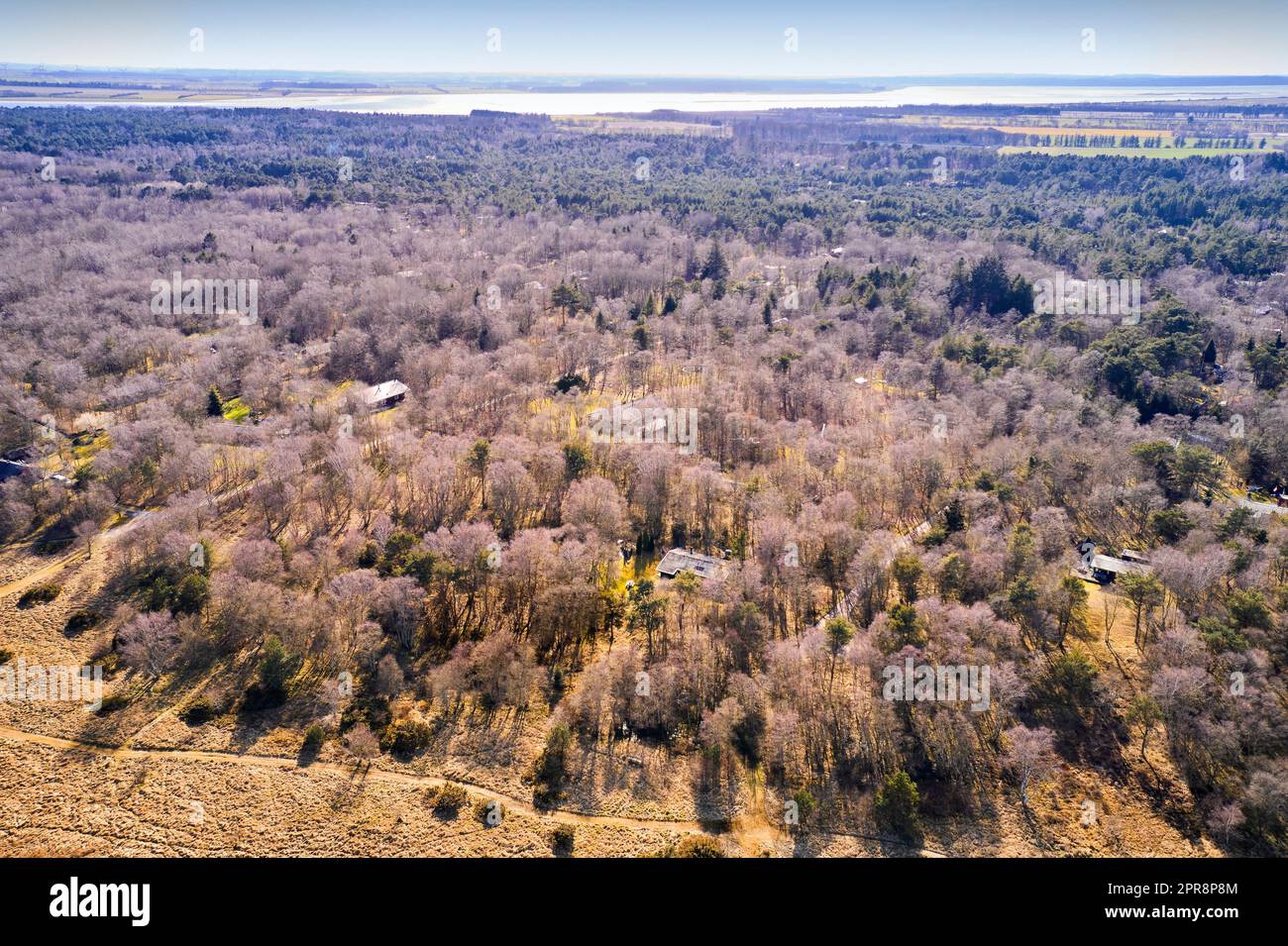 Rural landscape of farmland in countryside for traveling to private homes in Eastcoast (Kattegat), Jutland, close to Mariager fjord in Denmark. Aerial view of trees and country houses in Spring. Stock Photo