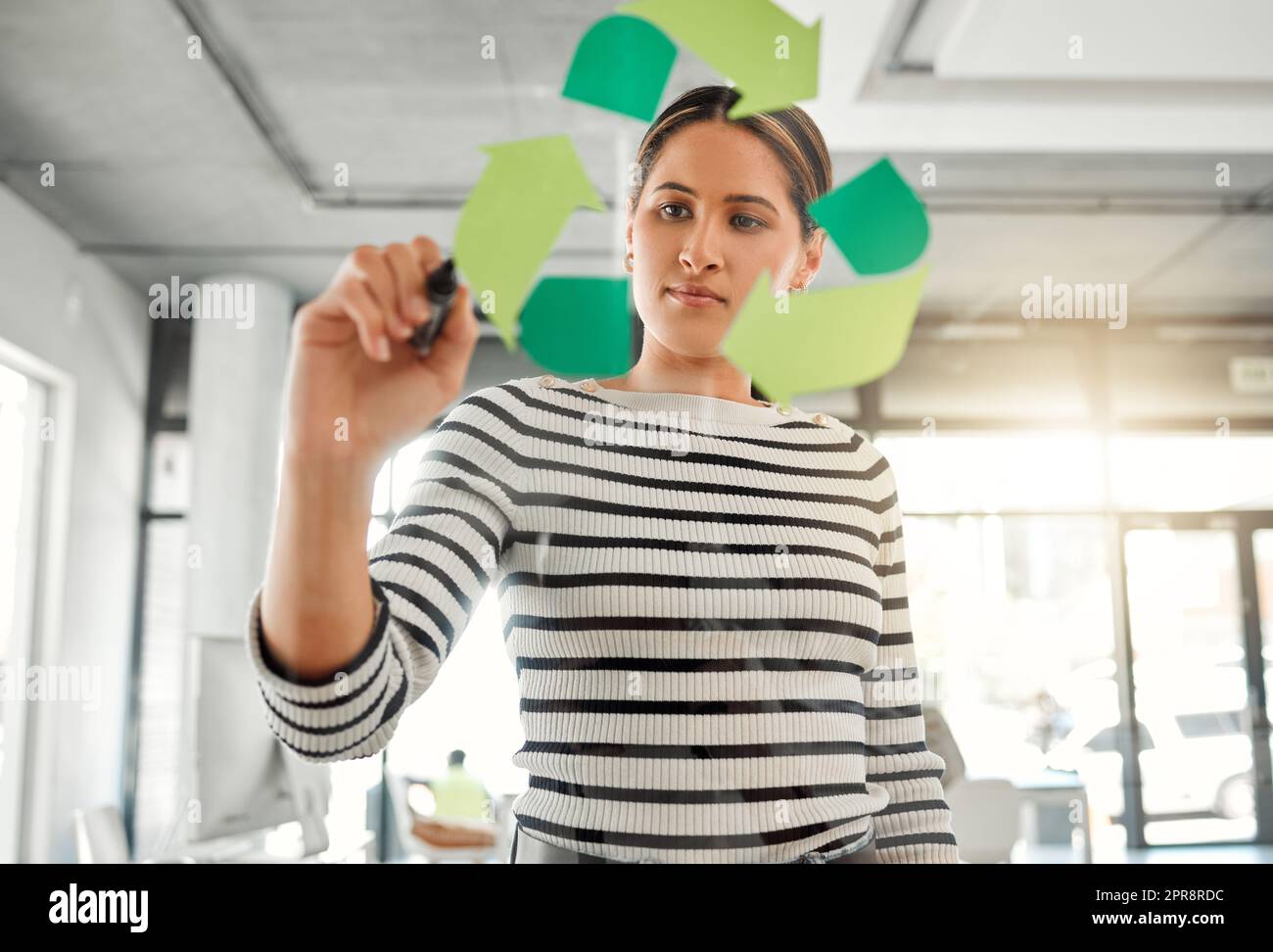 Young focused mixed race businesswoman drawing a recycle symbol on a glass window in an office at work. One hispanic businessperson drawing a sign for awareness to recycling Stock Photo