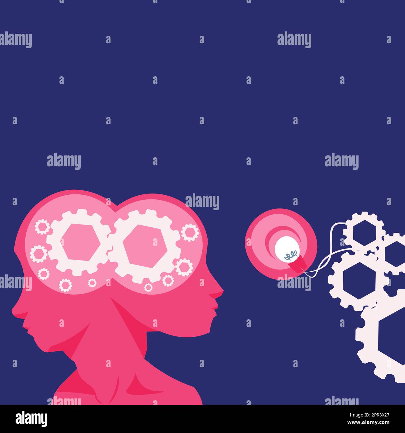 Two Heads With Cogs Showing Technology Ideas. Gears In Brain Symbols Design Displaying Mechanical And Technical Idea. Stock Vector