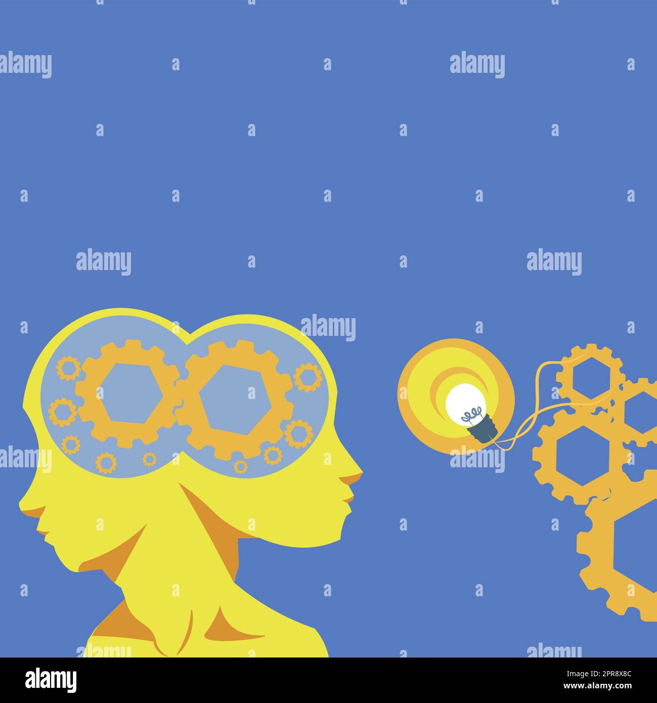 Two Heads With Cogs Showing Technology Ideas. Gears In Brain Symbols Design Displaying Mechanical And Technical Idea. Stock Vector