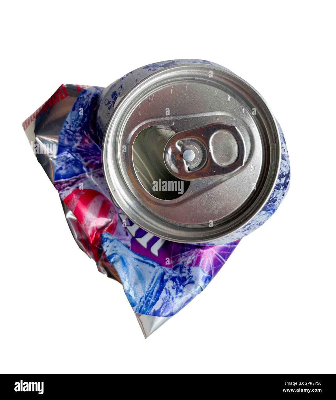 a crumpled tin can on a white background. Stock Photo