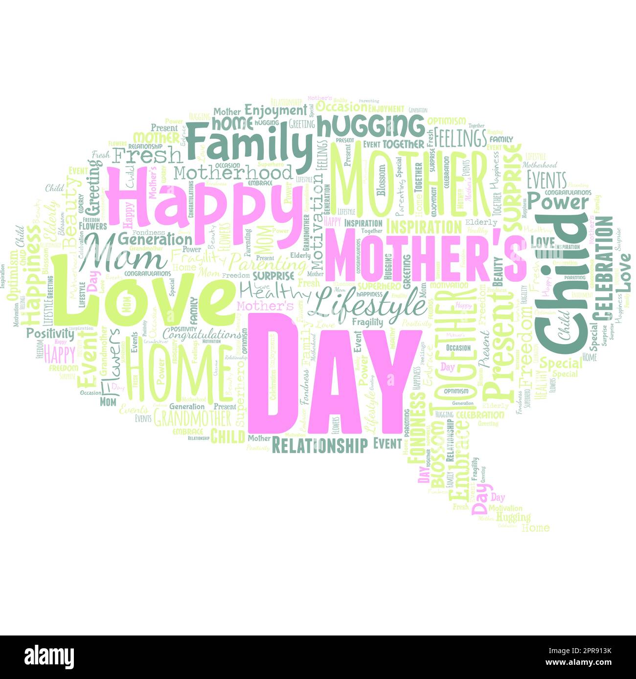 Wordcloud in the shape of a chat box with happy mother's day words. Day of year where mothers are particularly honoured by children Stock Vector