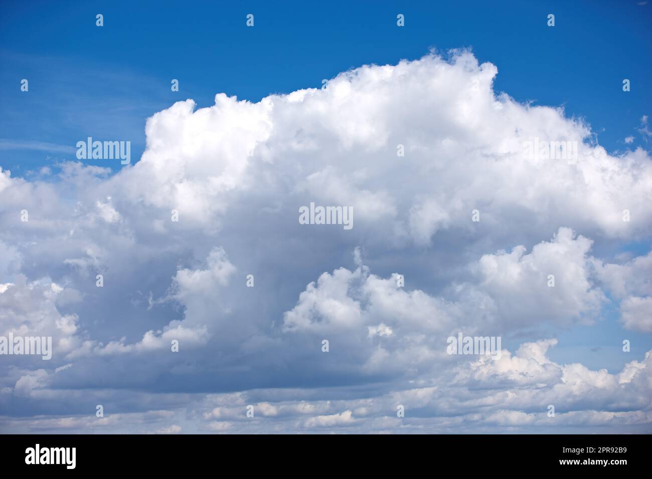Panoramic cloudscape view of a fluffy cumulus in a blue sky in summer with copy space. High scenic and copy space views of a cloudy atmosphere and climate in a natural environment during the day Stock Photo