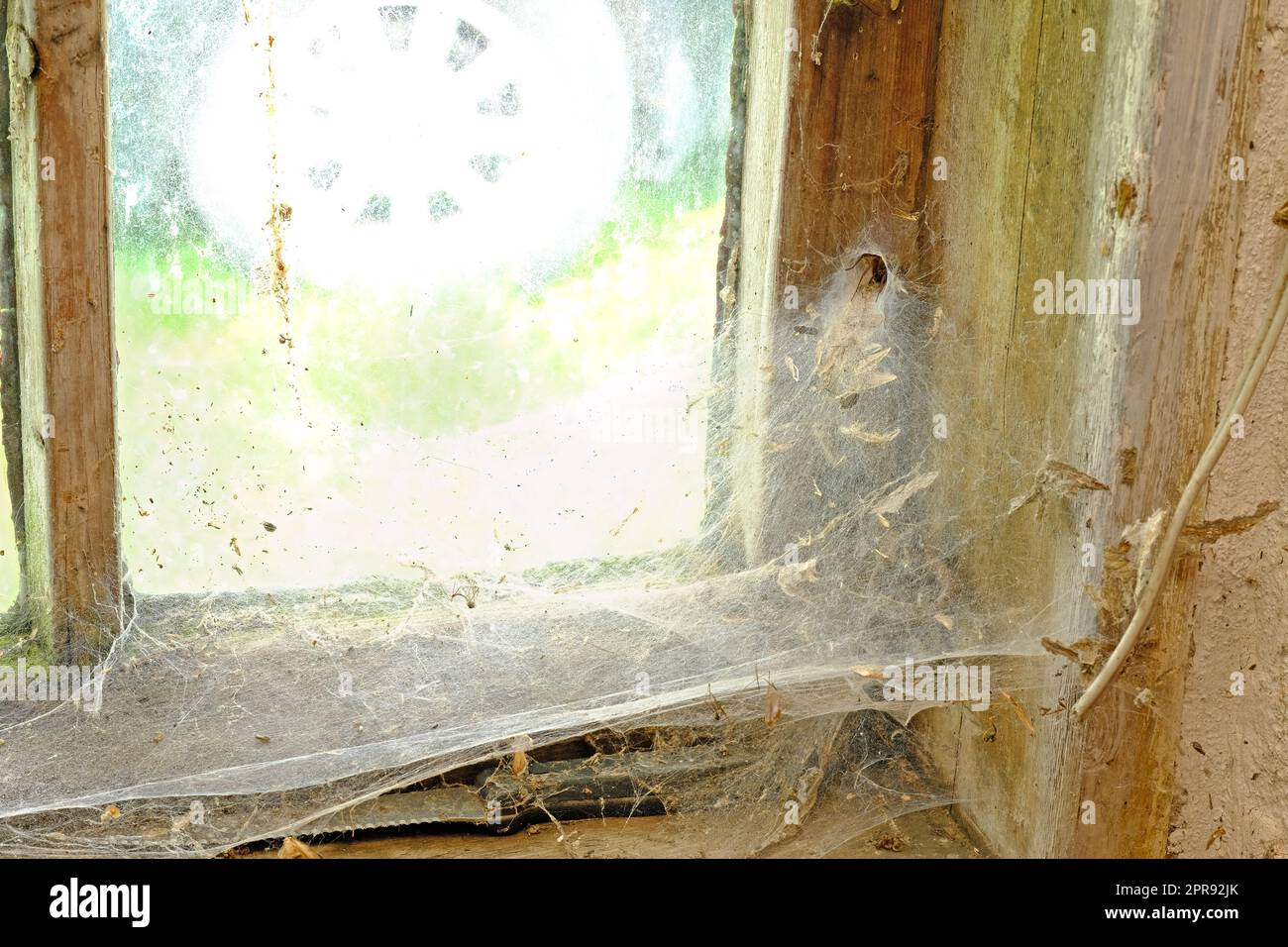 Closeup of an old window with webs and dirt in an abandoned home. Zoom in on wooden frame, texture and design of a messy timber wood styled window with macro details of a dusty, dirty surface Stock Photo