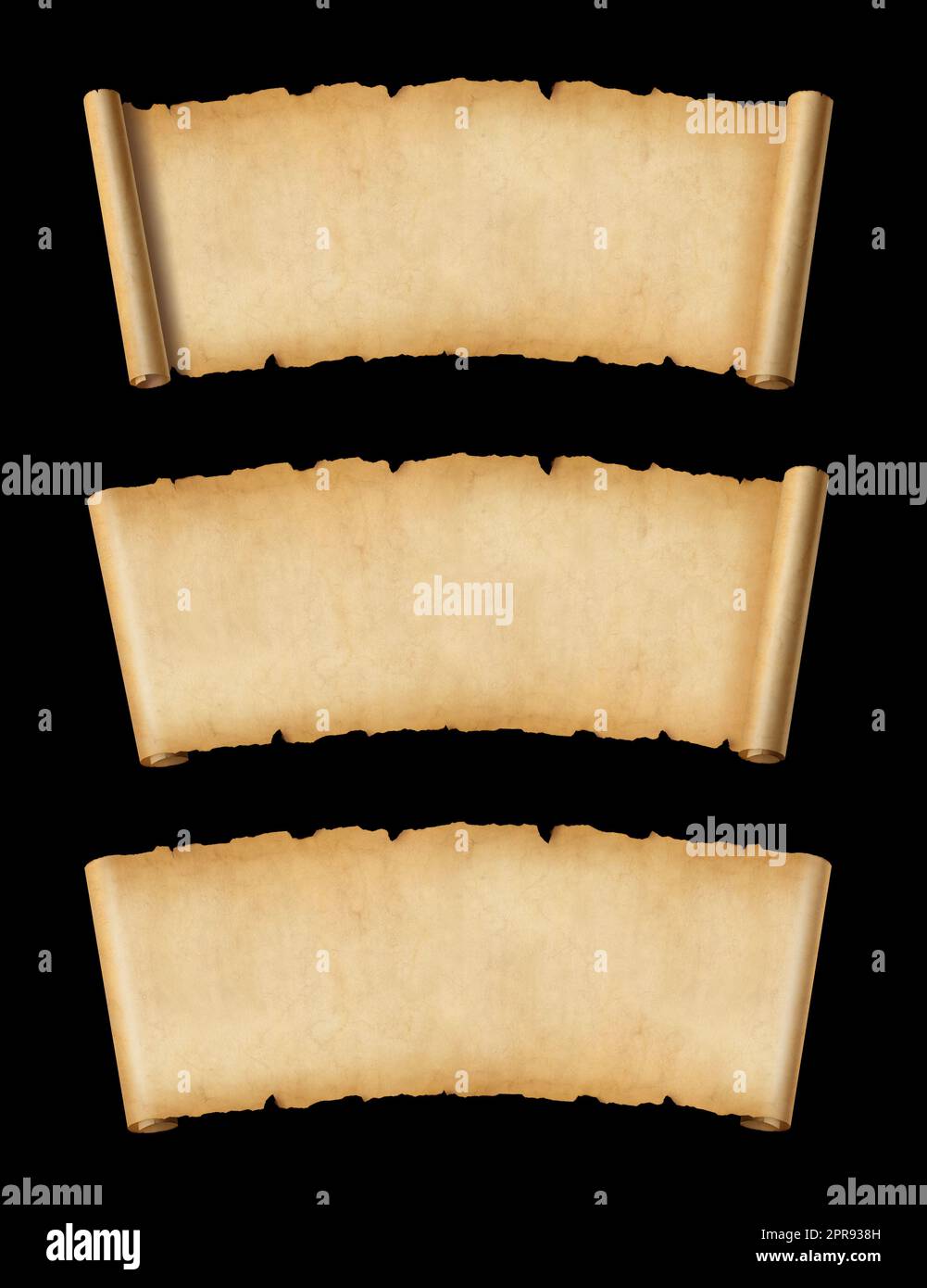 Old Parchment paper scroll set isolated on black. Horizontal banners Stock Photo