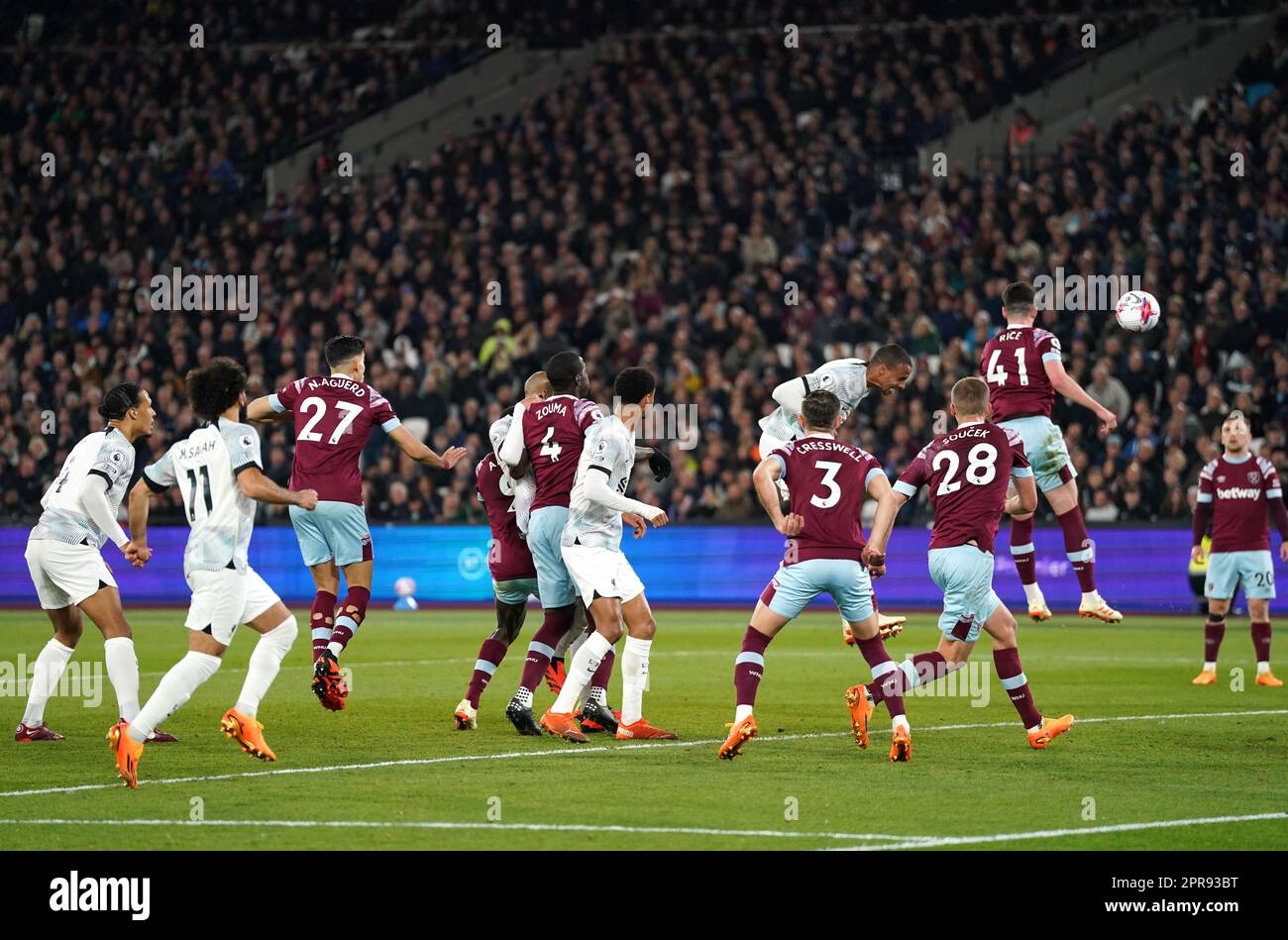 Liverpool's Joel Matip (fifth right) scores their side's second goal of the game during the Premier League match at the London Stadium. Picture date: Wednesday April 26, 2023. Stock Photo