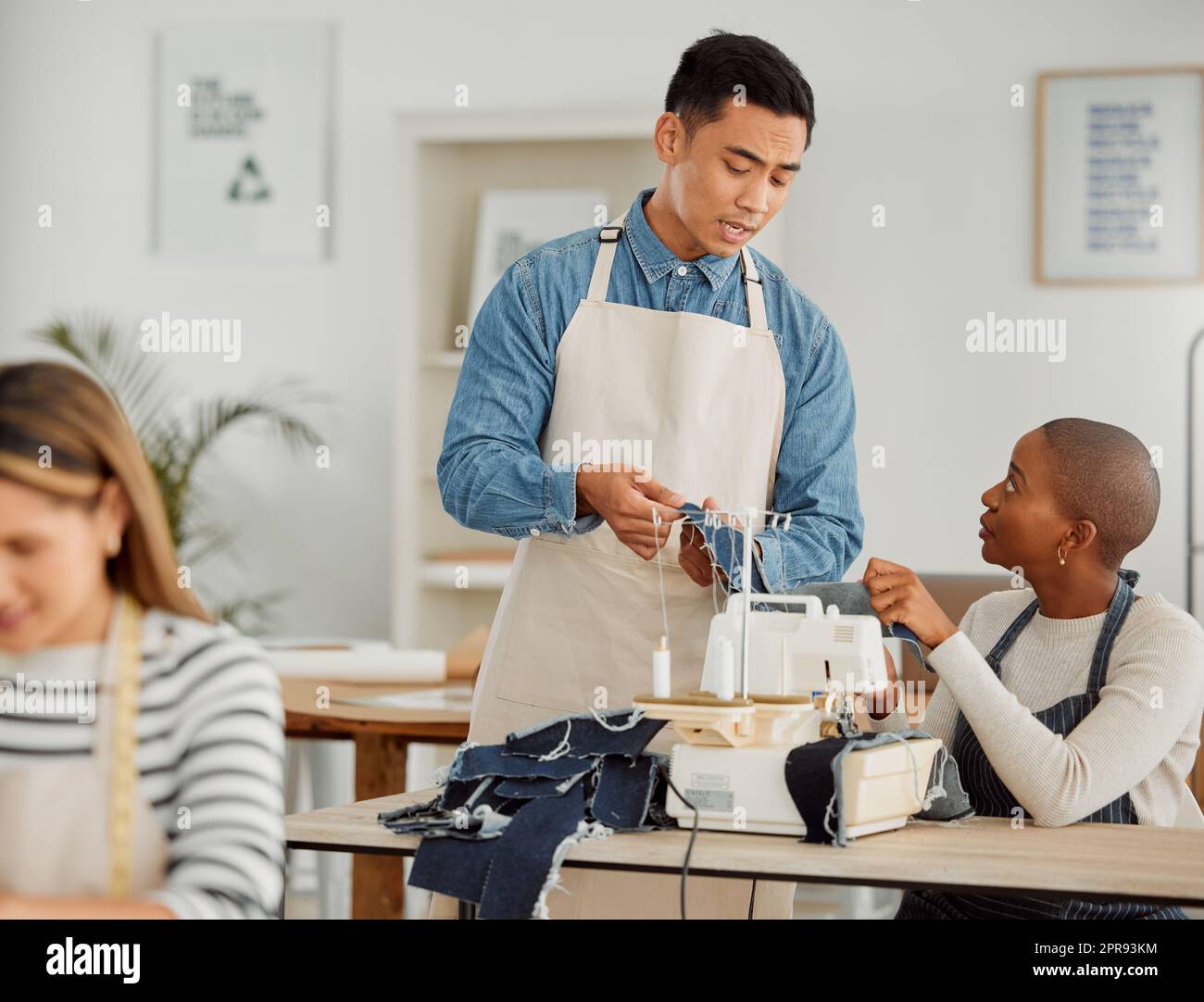Male clothing production teacher training and giving sewing lessons