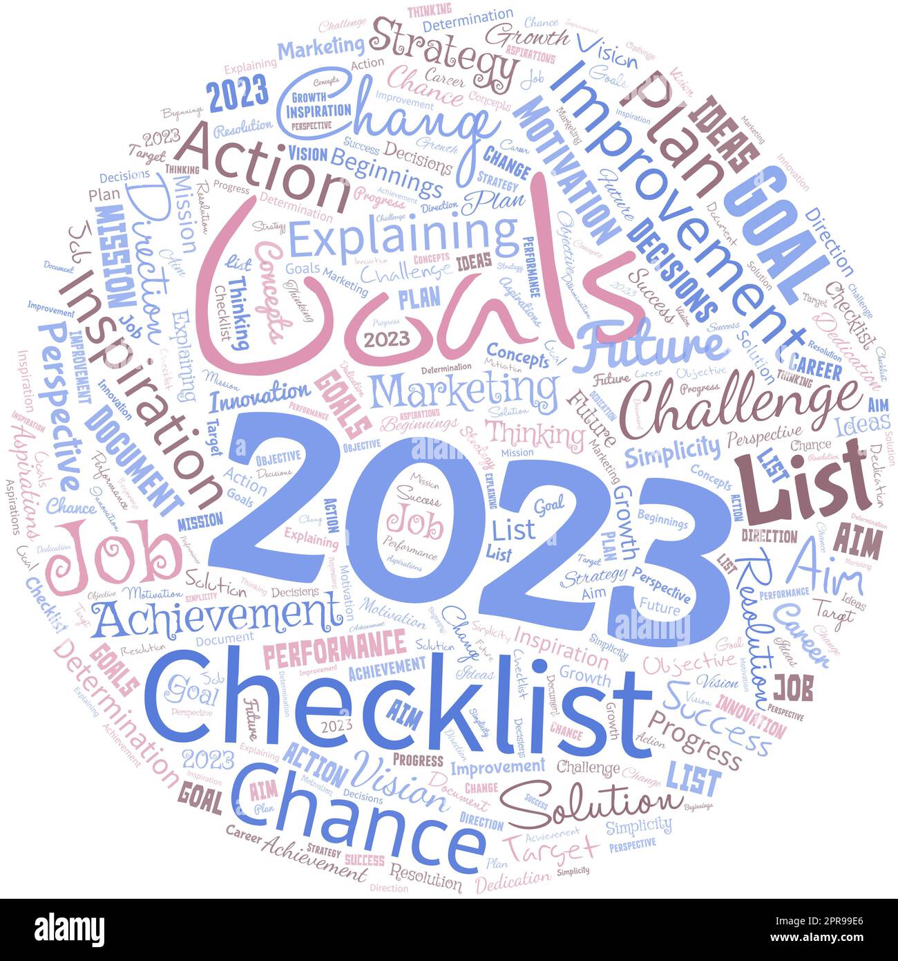 Big word cloud in the shape of circle with words goals 2023. Identifying something you want to