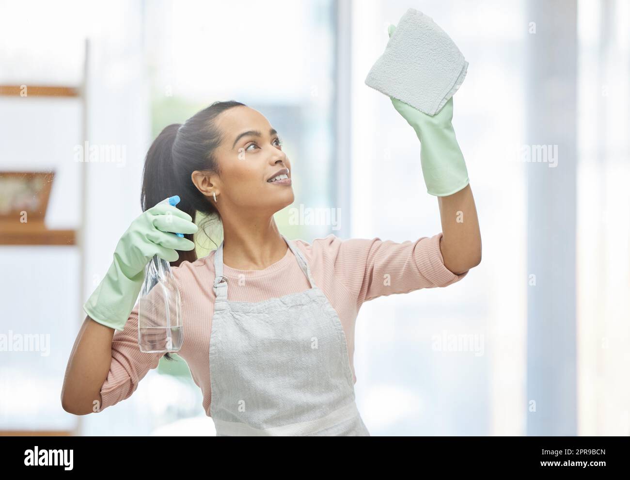 Getting my shiny windows back. a young woman cleaning a glass window at