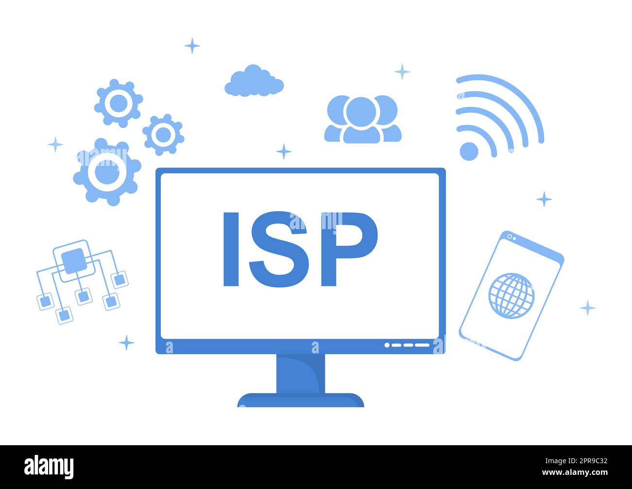 ISP or Internet Service Provider Cartoon Illustration with Keywords and Icons for Intranet Access, Secure Network Connection and Privacy Protection Stock Photo