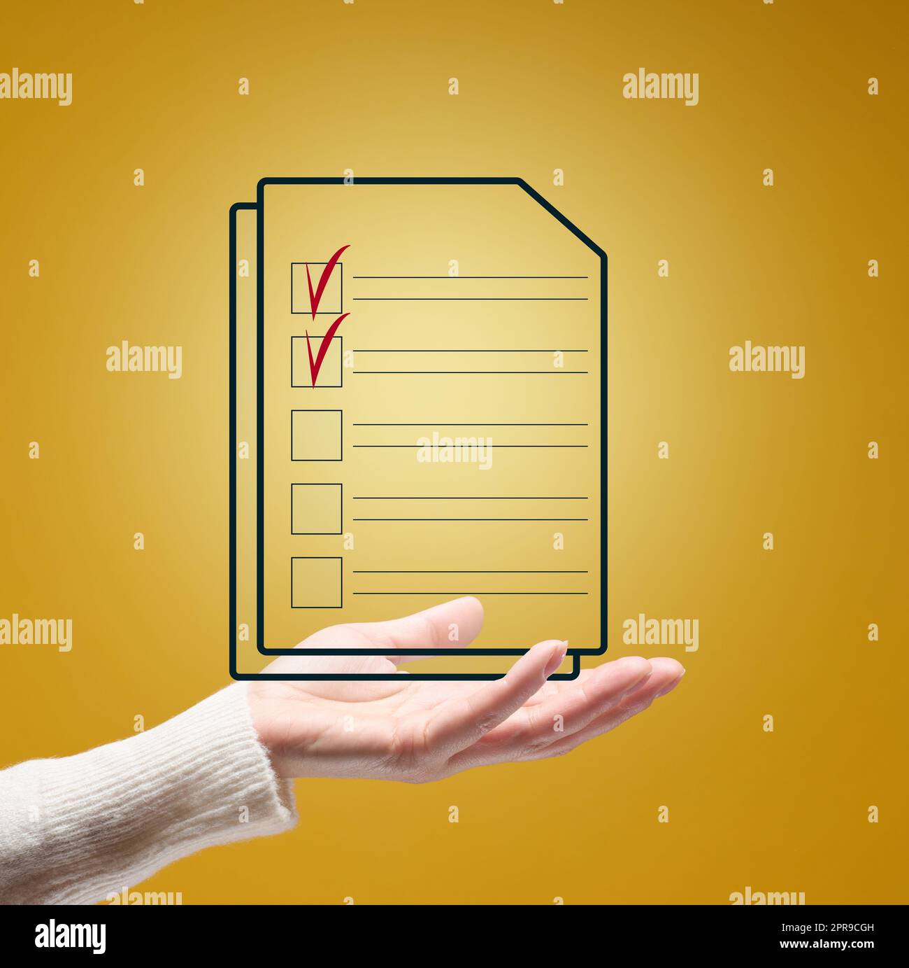 Female hand and document with check boxes on a yellow background. The concept of verification and control of documents Stock Photo