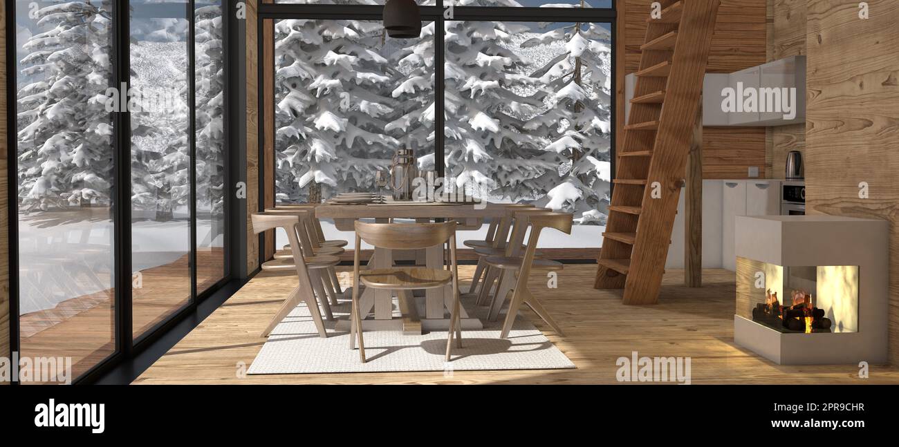 Log Cabin Fireplace Snow