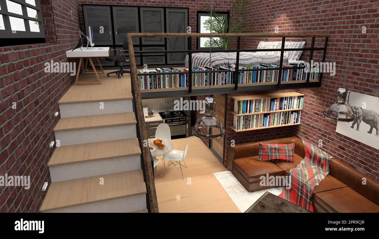 Loft single apartment in modern industrial design, 3d rendering, 3d illustration Stock Photo
