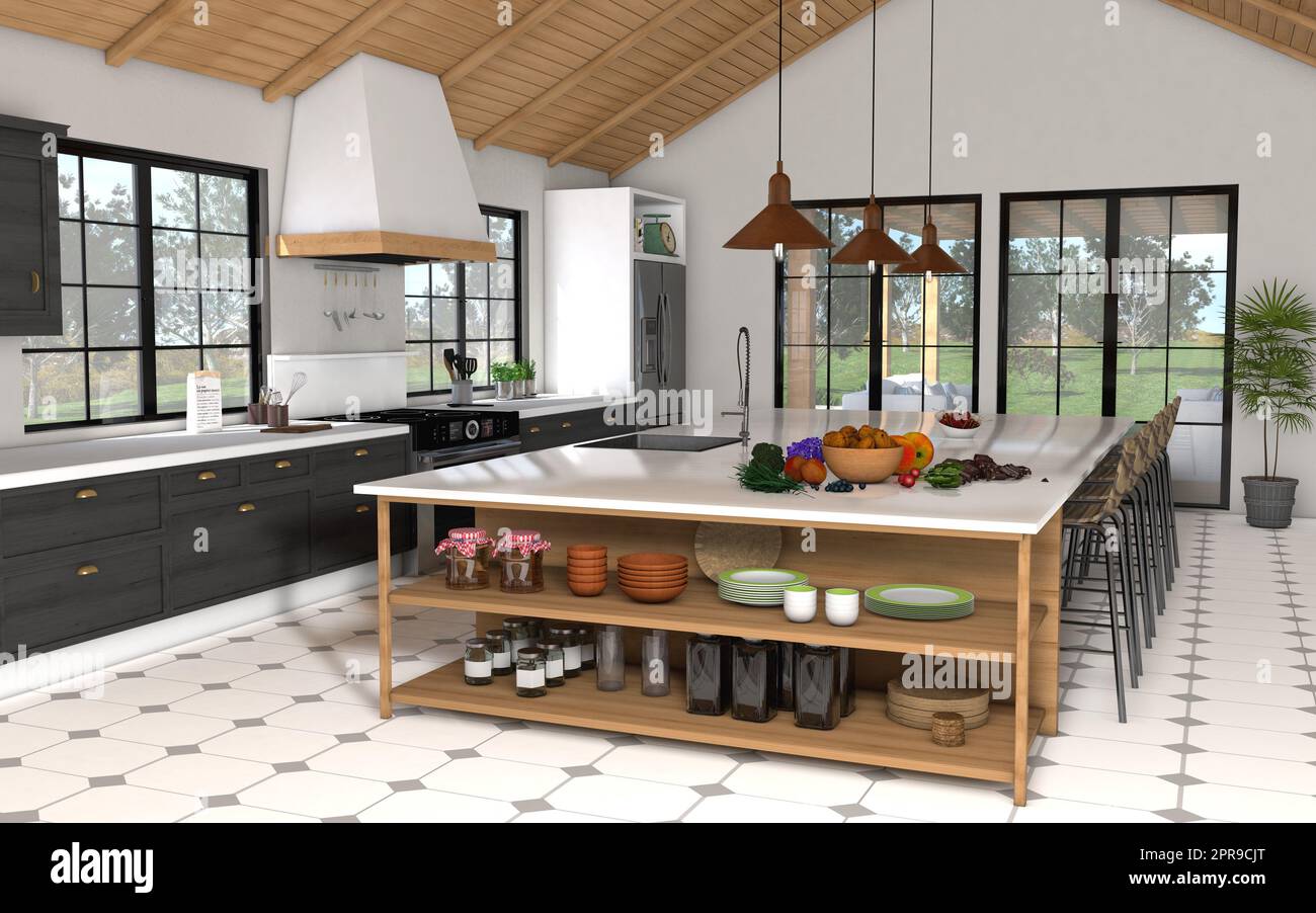 luxurious modern large kitchen with a kitchen island Stock Photo - Alamy
