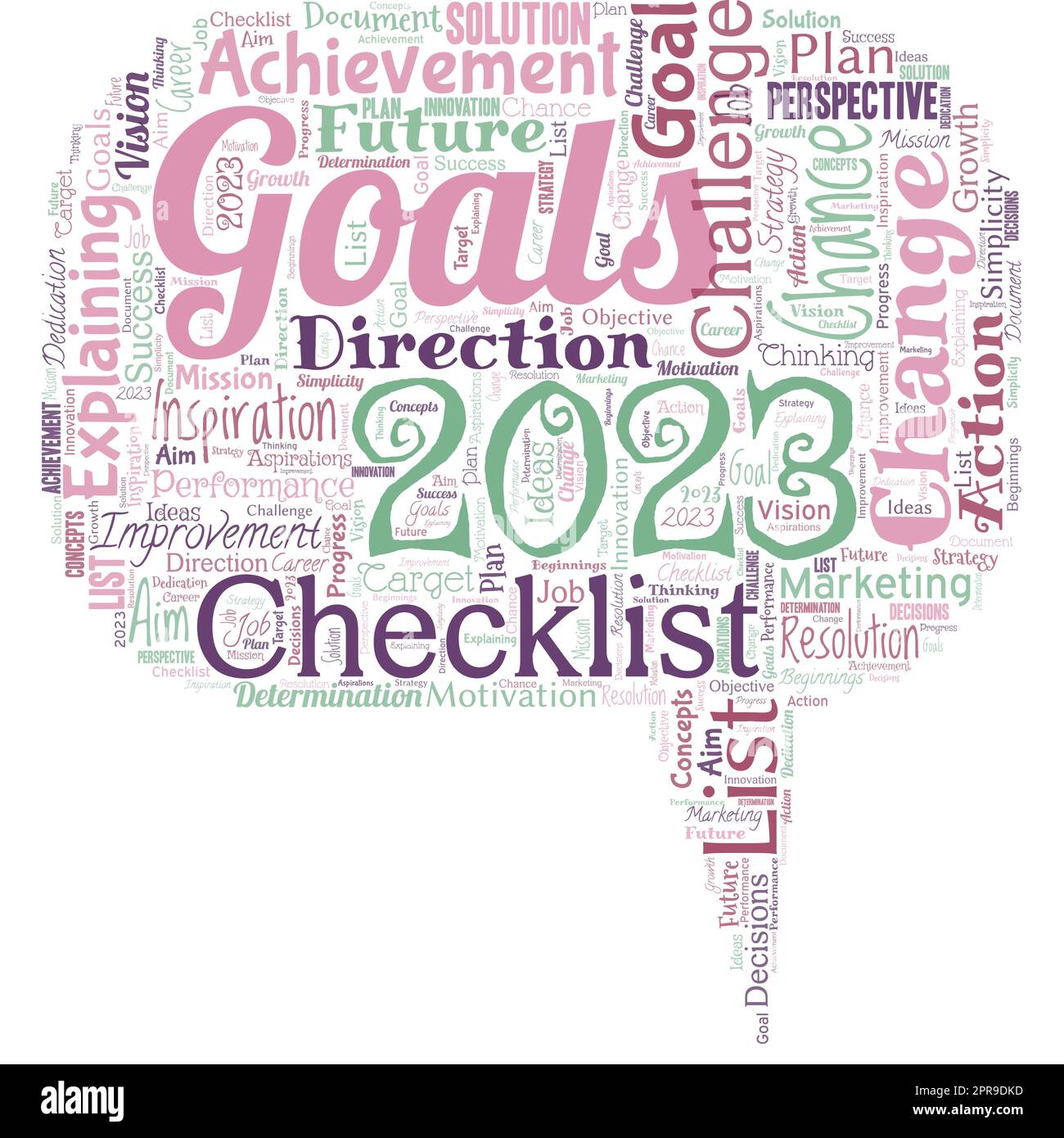 Word cloud in the shape of speech bubble with words goals 2023