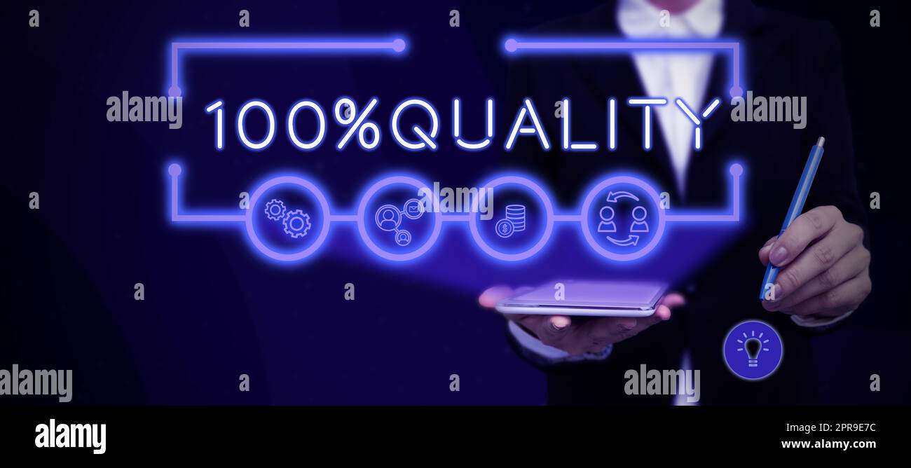 Text sign showing 100 Quality. Conceptual photo Guaranteed pure and no harmful chemicals Top Excellence Lady in suit holding pen symbolizing successful teamwork accomplishments. Stock Photo