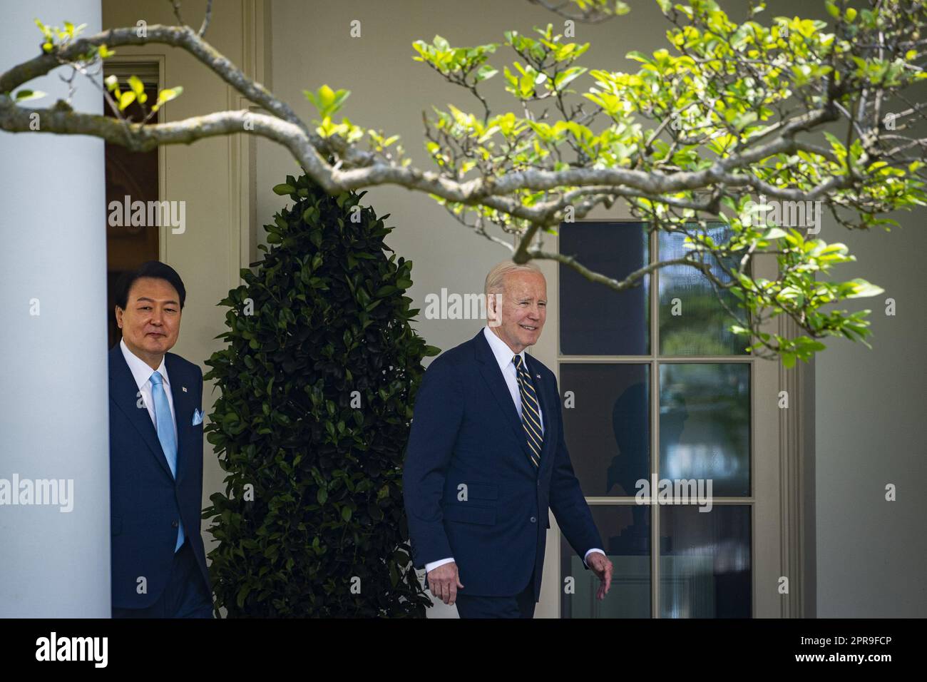 Washington, United States. 26th Apr, 2023. US President Joe Biden, right, and Yoon Suk Yeol, South Korea's president, arrive at a news conference in the Rose Garden of the White House during a state visit in Washington, DC on Wednesday, April 26, 2023. The US will strengthen the deterrence it provides South Korea against nuclear threats, including by deploying a nuclear-armed submarine to the country, in turn securing a pledge from Seoul to honor commitments to not pursue its own atomic arsenal. Photo by Al Drago/UPI Credit: UPI/Alamy Live News Stock Photo