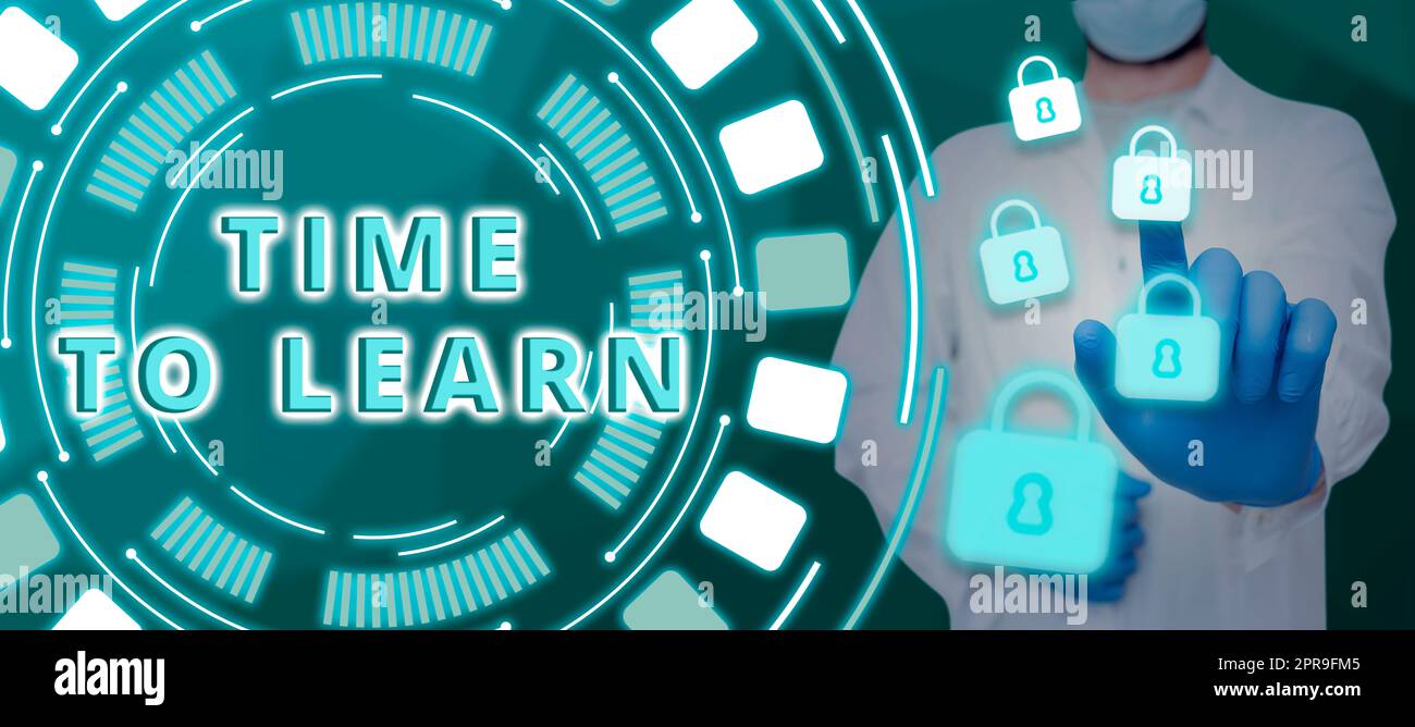 Inspiration showing sign Time To Learn. Business overview Obtain new knowledge or skill Educational or career growth Man Pointing The Smart Internet Computer Lock System Gloves On Hands. Stock Photo