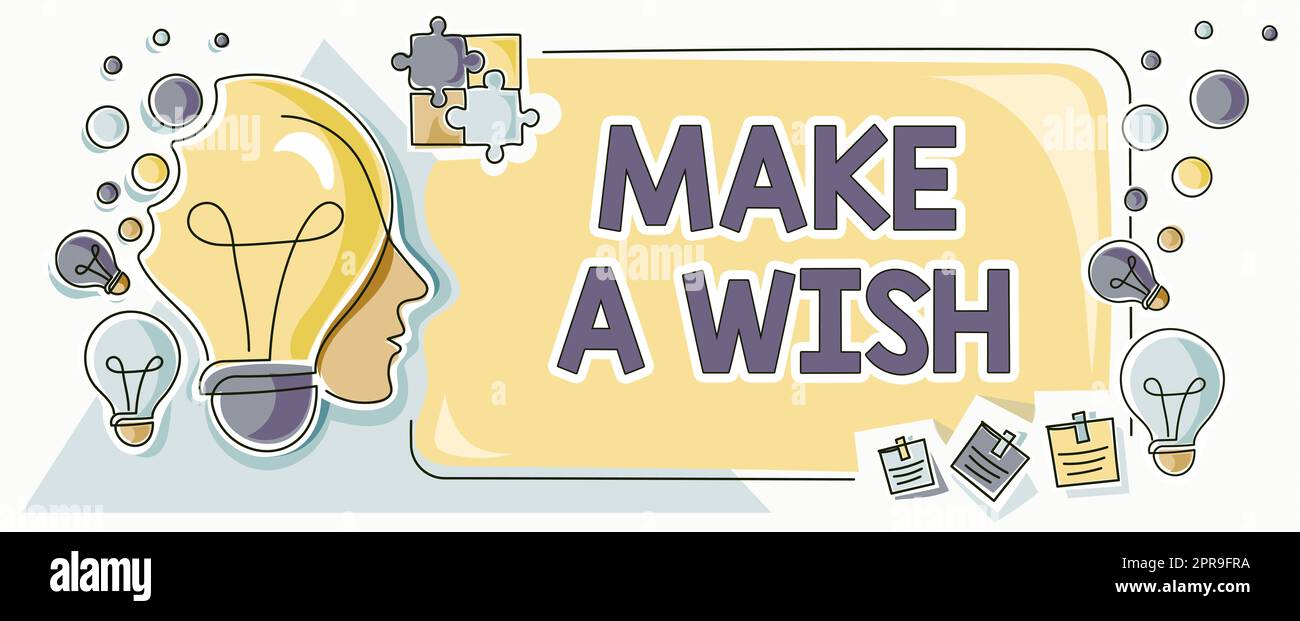Text sign showing Make A Wish. Word for To have dreams desires about future events Be positive Man With Light Bulbs And Puzzle Pieces Around Thinking New Ideas. Stock Photo