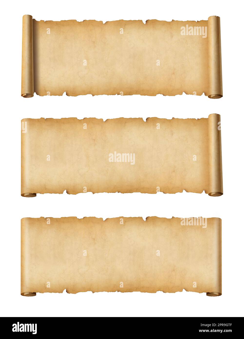 Old Parchment paper scroll set isolated on white. Horizontal banners Stock Photo