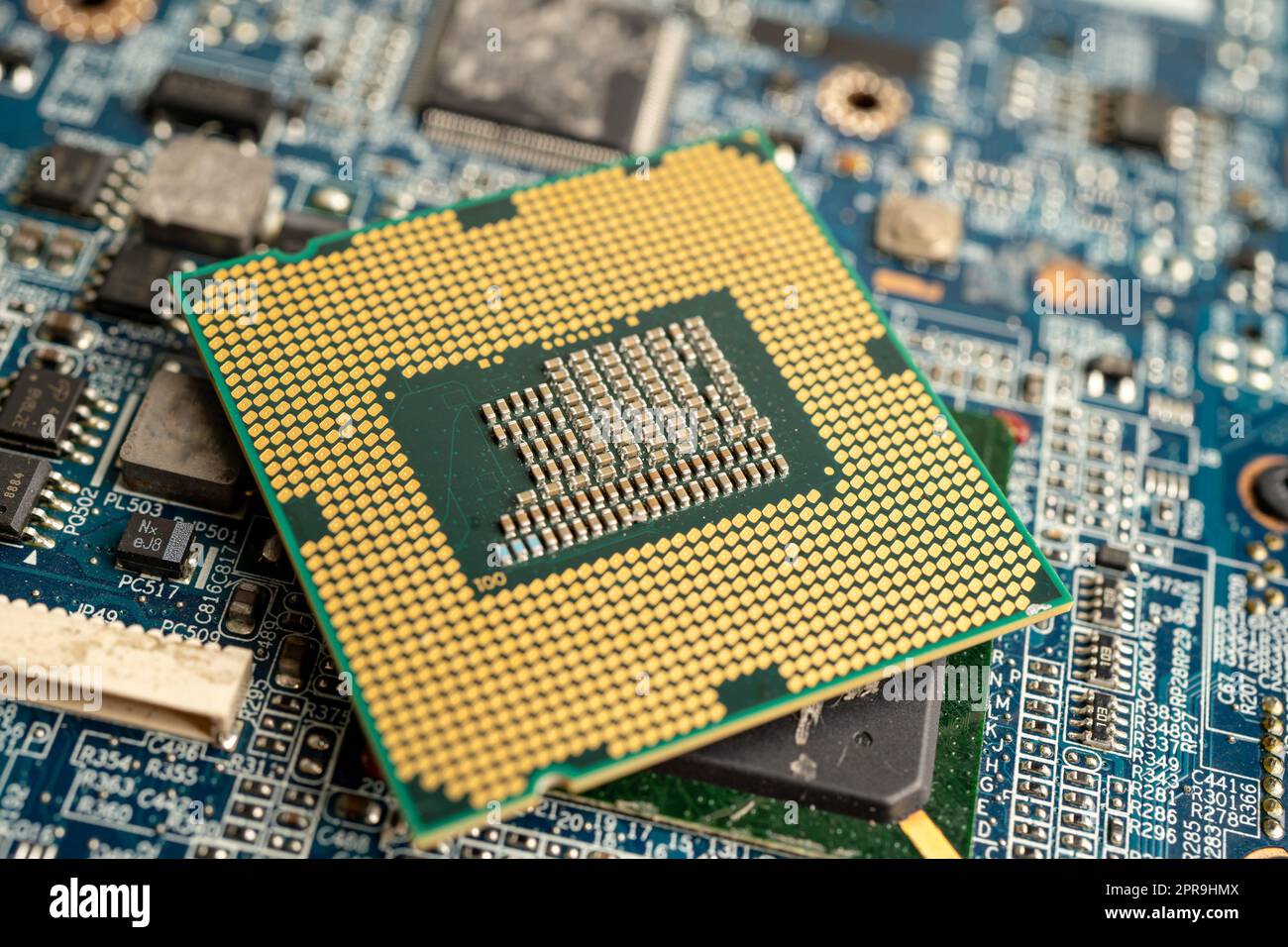 CPU, central processor unit chip Chip on circuit board in PC and laptop computer technology. Stock Photo