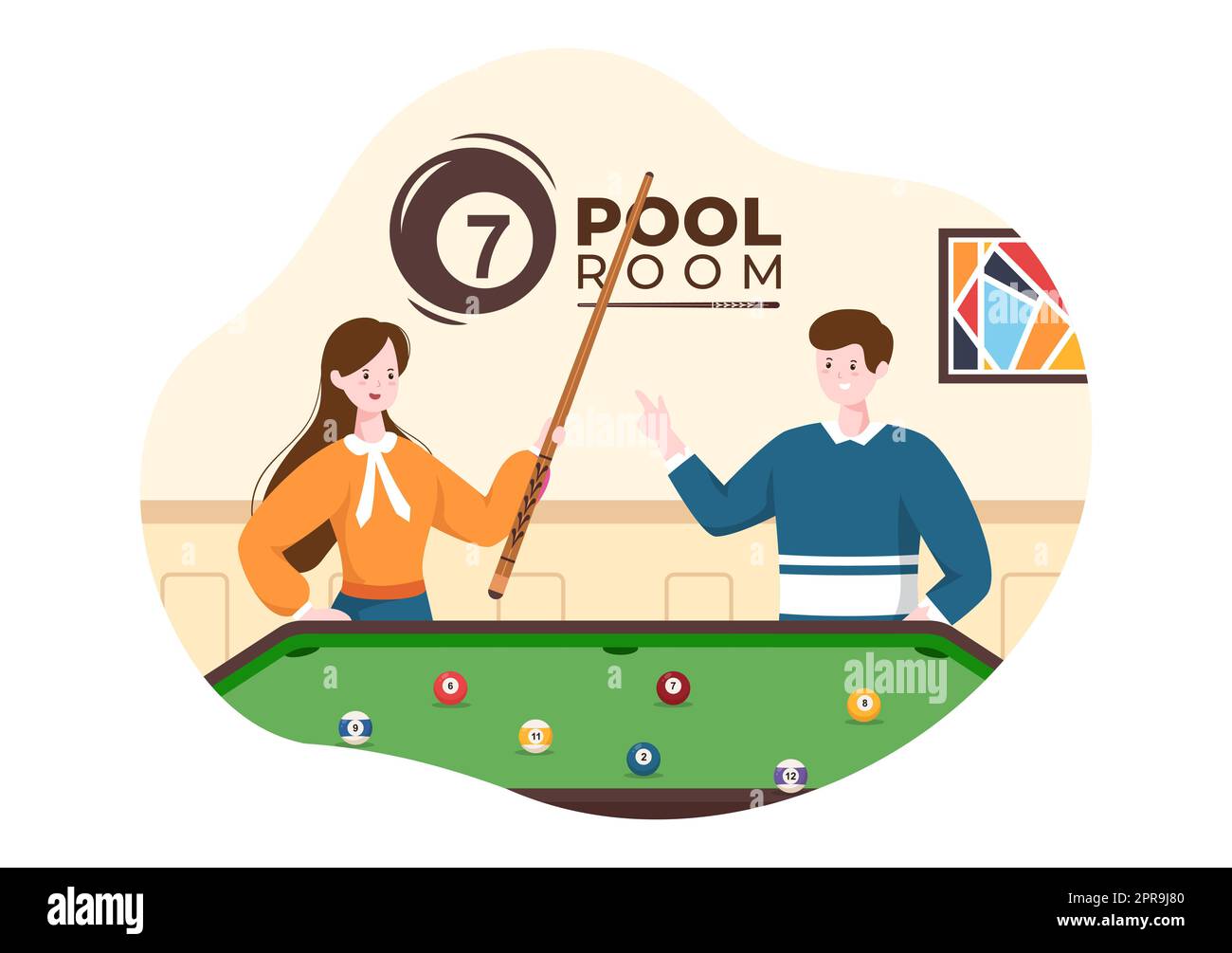 Billiards Game Hand Drawn Cartoon Flat Illustration with Player Pool