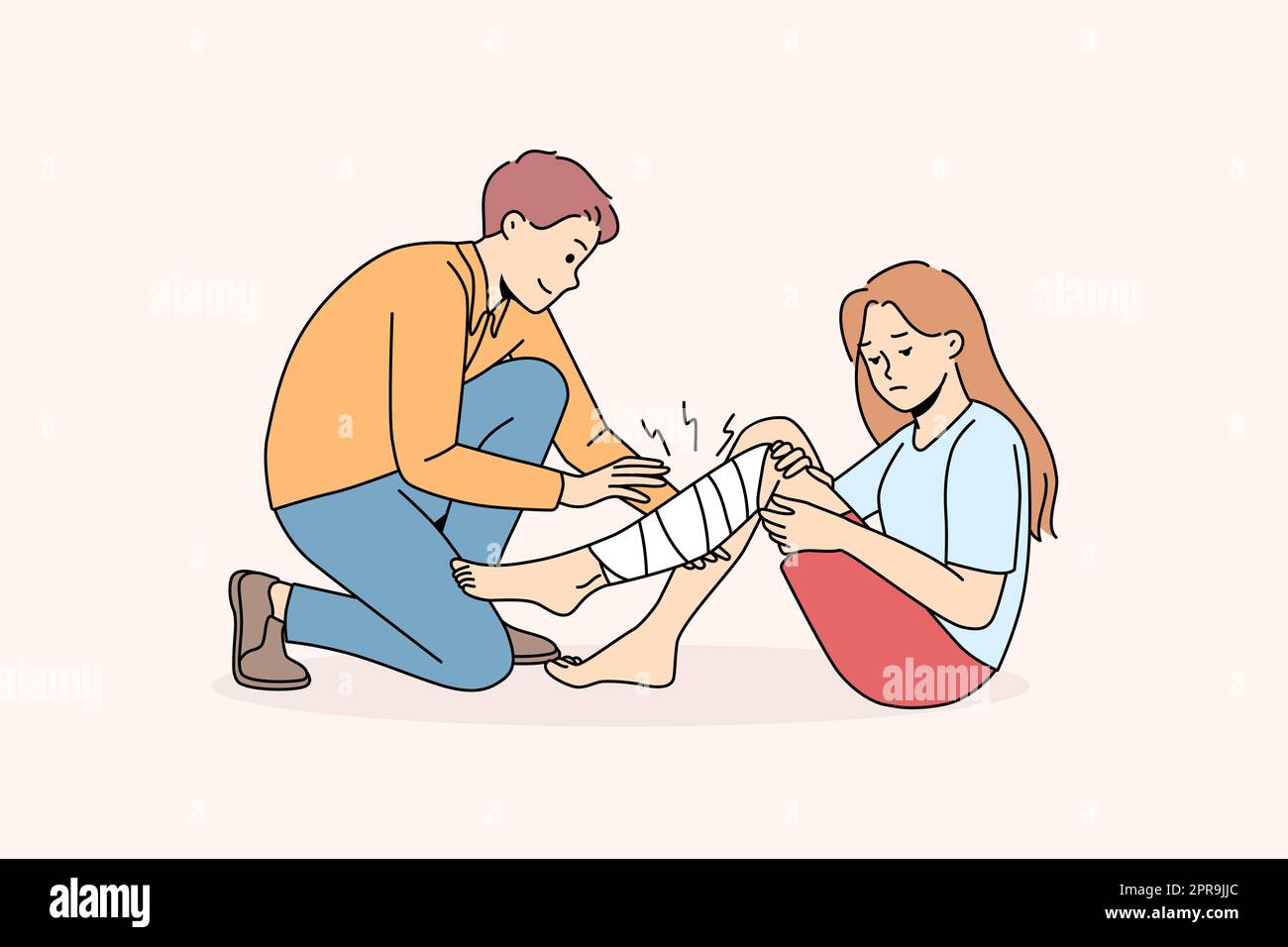 Man give first aid to hurt girl with leg injury. Male volunteer help