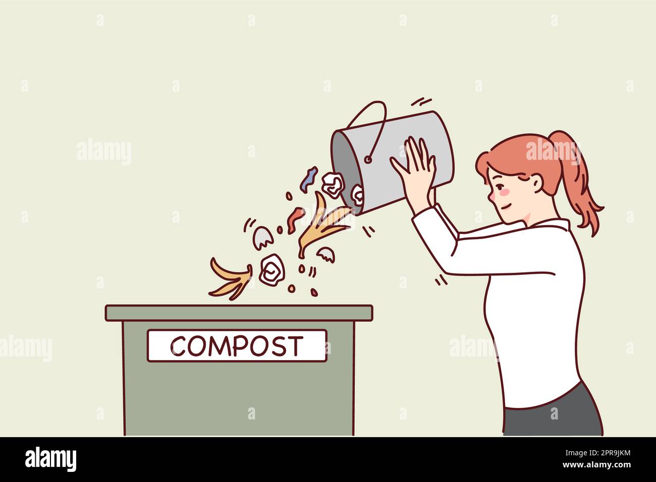 Woman throwing waste in compost container. Caring young female recycle