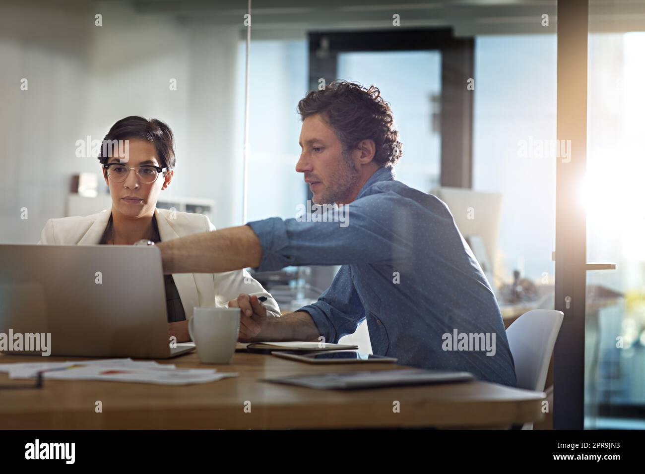 Sharing valuable contributions. businesspeople working on a laptop in an office. Stock Photo