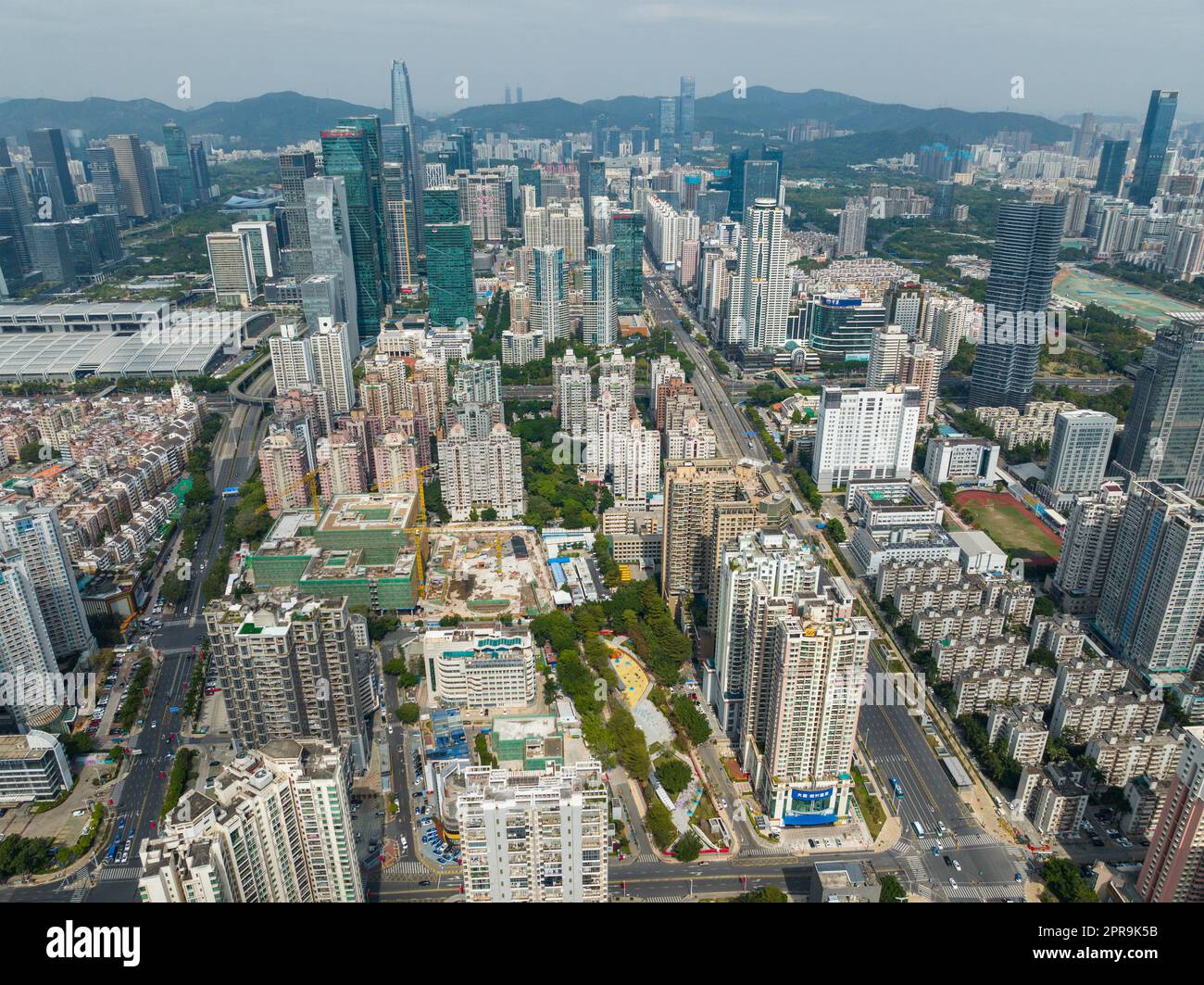 Shenzhen, China, 21 January 2022: Drone fly over Shenzhen city, Futian District Stock Photo