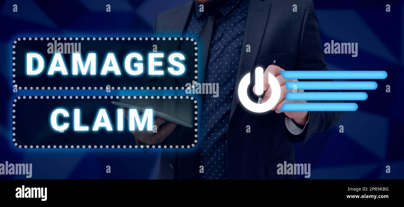 Inspiration showing sign Damages Claim. Concept meaning Demand Compensation Litigate Insurance File Suit Man Holding Tablet And Pen Pointing Digital Button And Presenting Data. Stock Photo