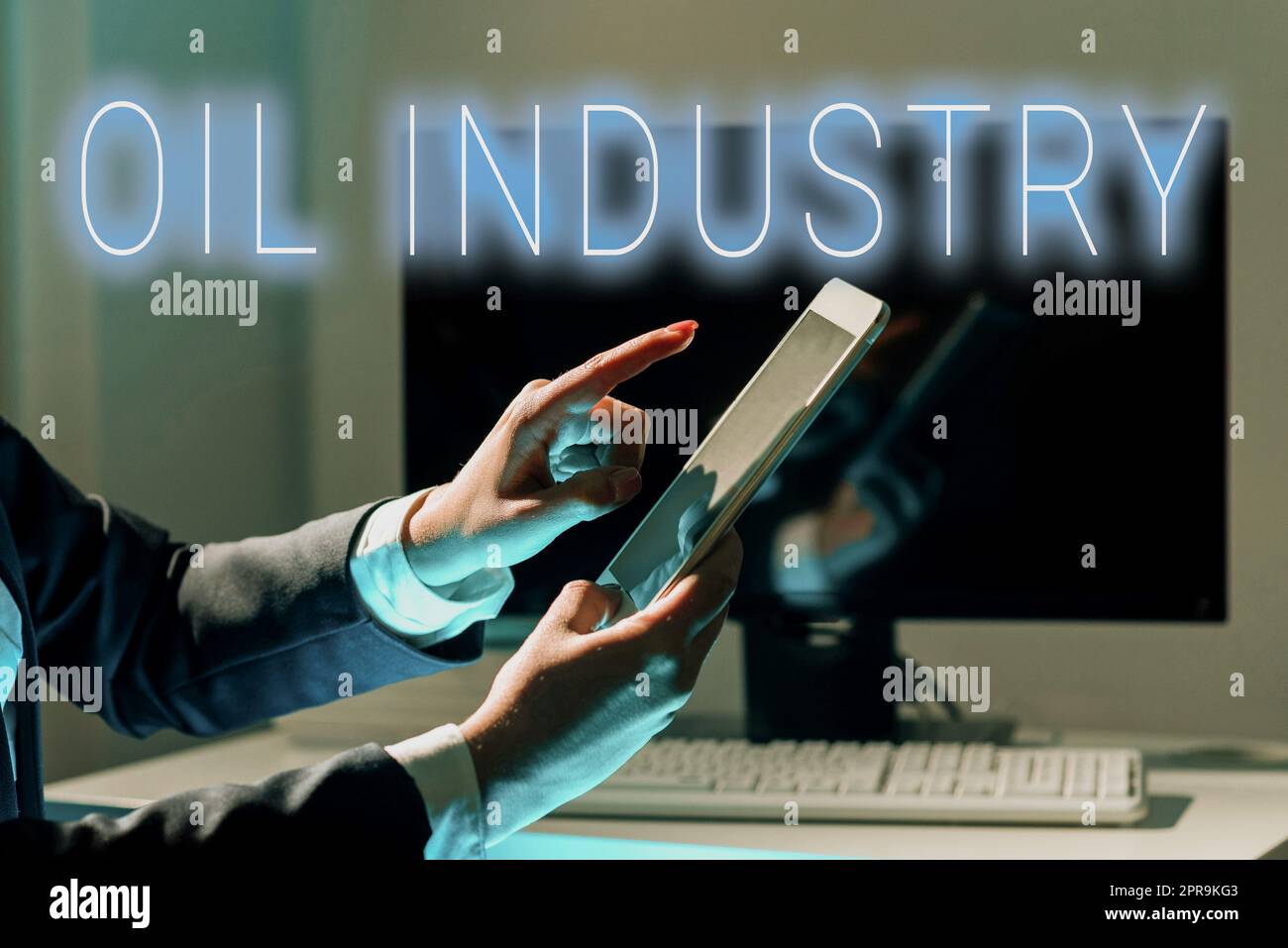 Conceptual display Oil Industry. Internet Concept Exploration Extraction Refining Marketing petroleum products Businesswoman Holding Tablet And Pointing With One Finger On Important News Stock Photo