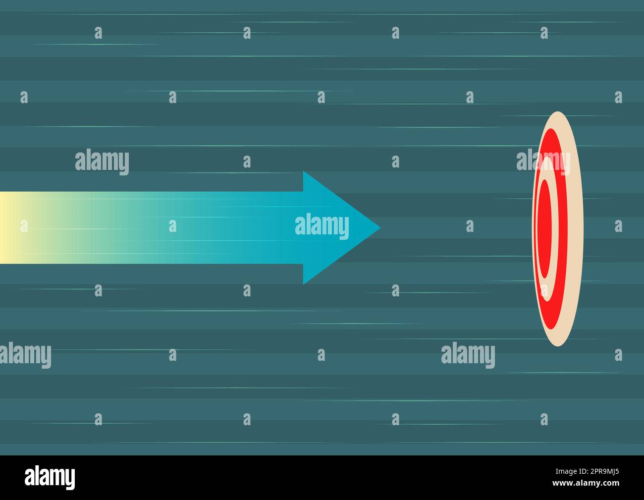 Arrow moving quickly towards aim target representing achieving goal success. Aiming bullseye symbolizing successfully accomplishing creative projects plans. Stock Vector