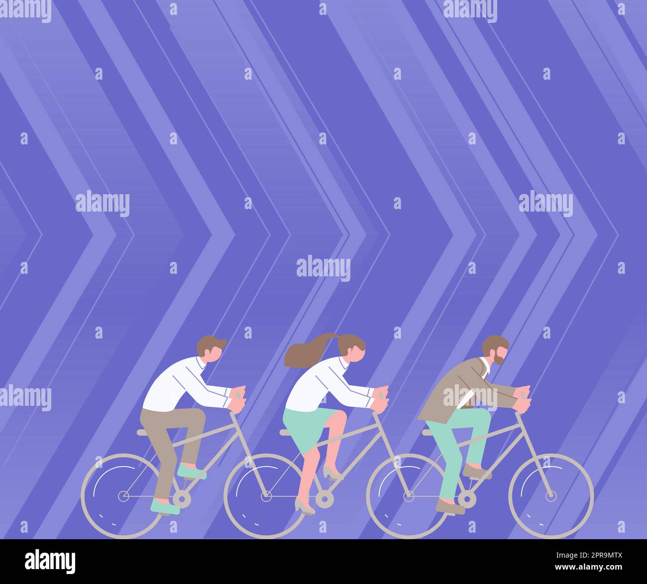 Three Colleagues Riding Bicycle Representing Combined Effort Successful Team Problem Solving. Group Partners Using Vehicle Displaying Teamwork Reaching Goals. Stock Vector