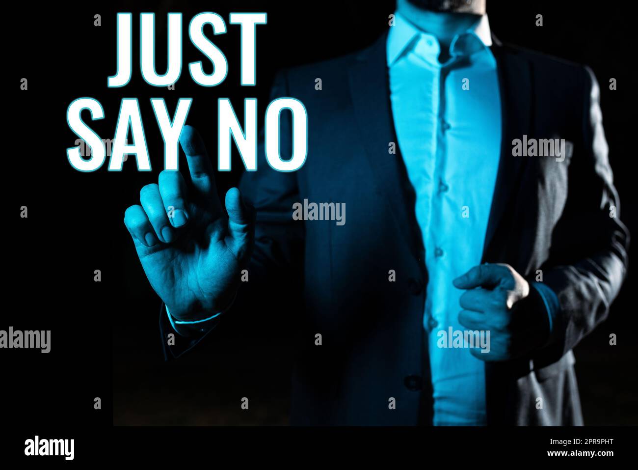 Text caption presenting Just Say No. Conceptual photo Do not be afraid of giving negative answers to some things Businessman Pointing Important Infortmations With One Finger. Stock Photo