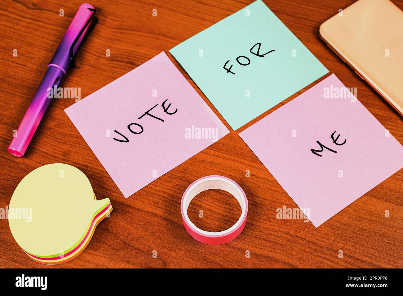 Writing displaying text Vote For Me. Business idea Campaigning for a government position in the upcoming election Important News Written On Three Notes On Desk With Memos And Tape. Stock Photo