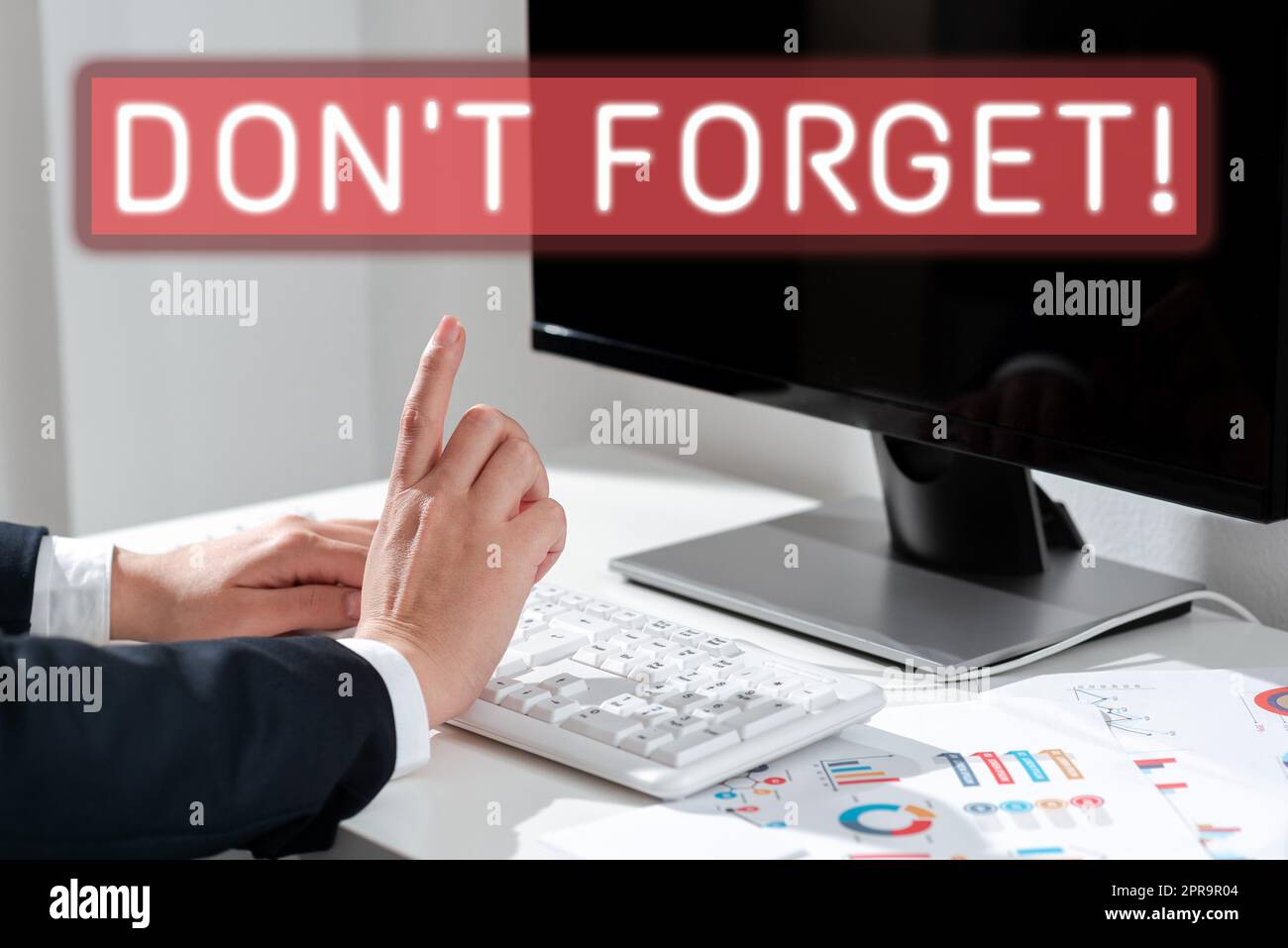 Inspiration showing sign Don T Not Forget. Business approach Know by Heart Think Back Fix in the Mind Refresh Memory Woman Typing Updates On Lap Top And Pointing New Ideas With One Finger. Stock Photo