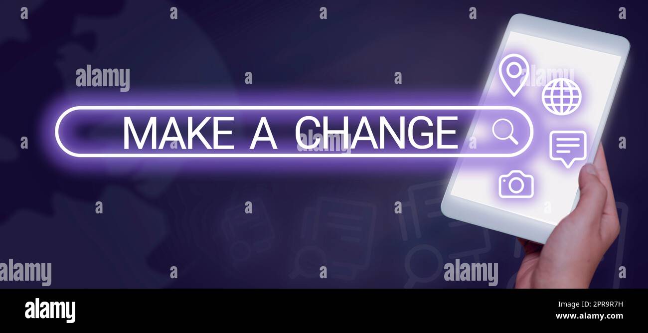 Text sign showing Make A Change. Word Written on Try new thing Evolve Evolution Improvement Growth Mature Businessman Holding A Pad Displaying Digital S Around A Search Bar. Stock Photo