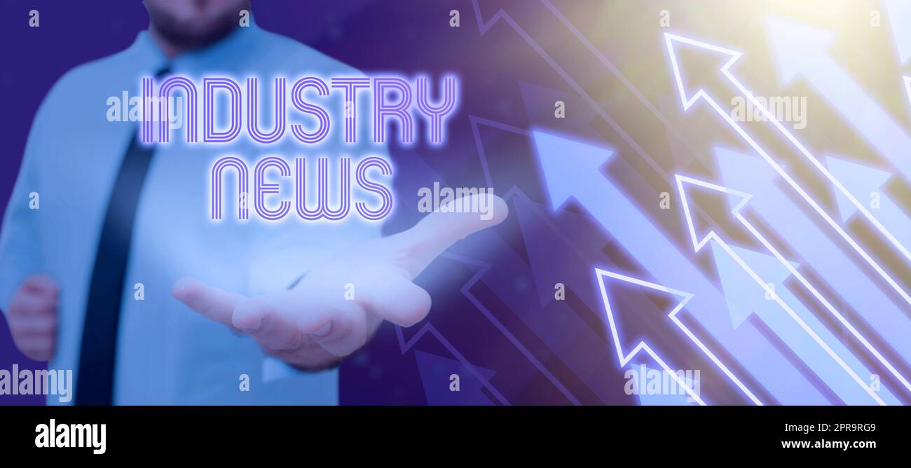 Conceptual caption Industry News. Business showcase Technical Market Report Manufacturing Trade Builder Man With Glowing Hand Presenting Crucial Information In A Meeting. Stock Photo