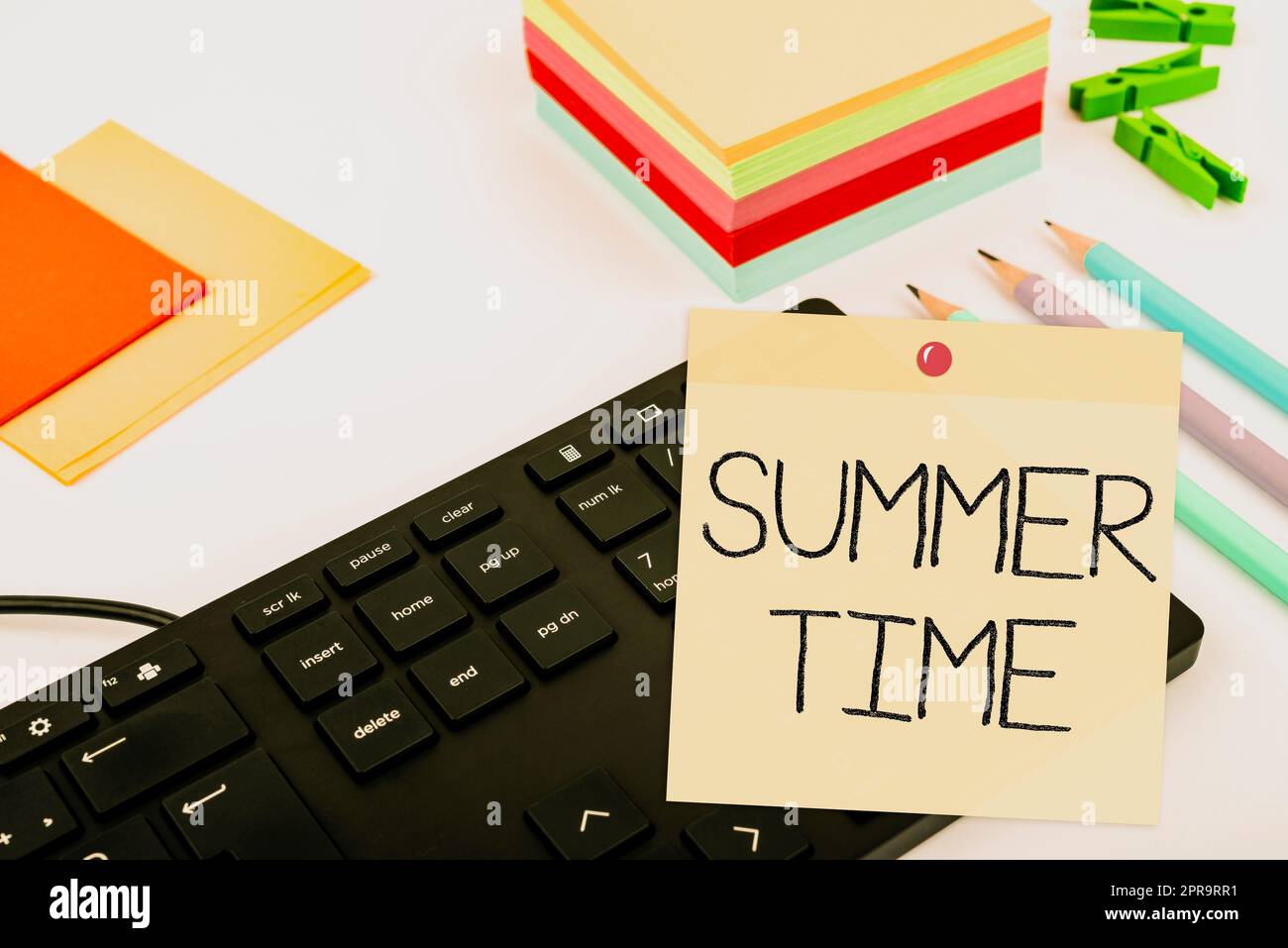 Handwriting text Summer Time. Business idea Longer daylight Tropical season Beach activities Vacation Computer Keyboard And Symbol.Information Medium For Communication. Stock Photo