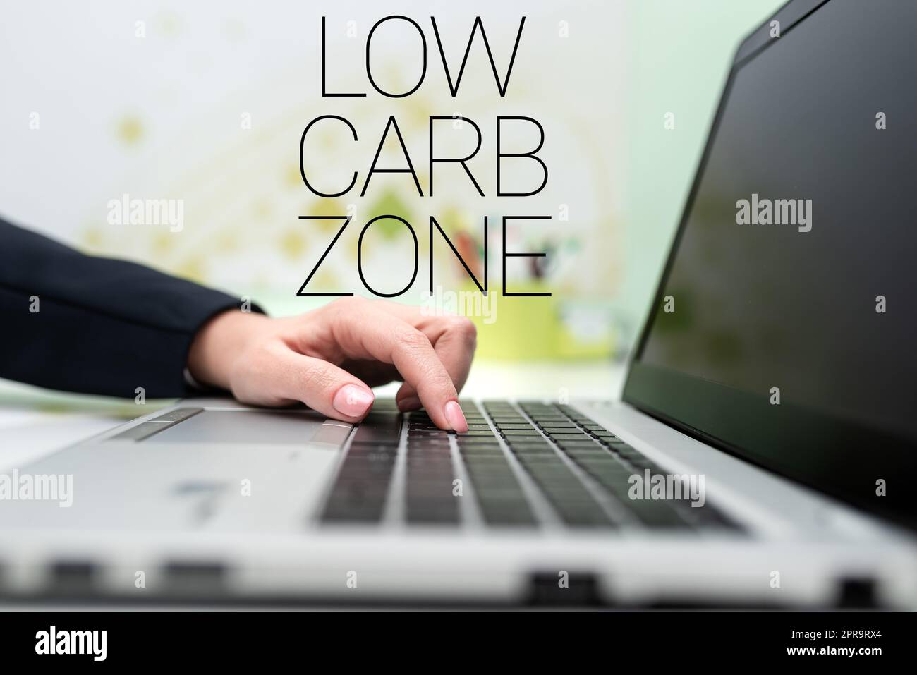 Writing displaying text Low Carb Zone. Internet Concept Healthy diet for losing weight eating more proteins sugar free Businesswoman Typing Recent Updates On Lap Top Keyboard On Desk. Stock Photo
