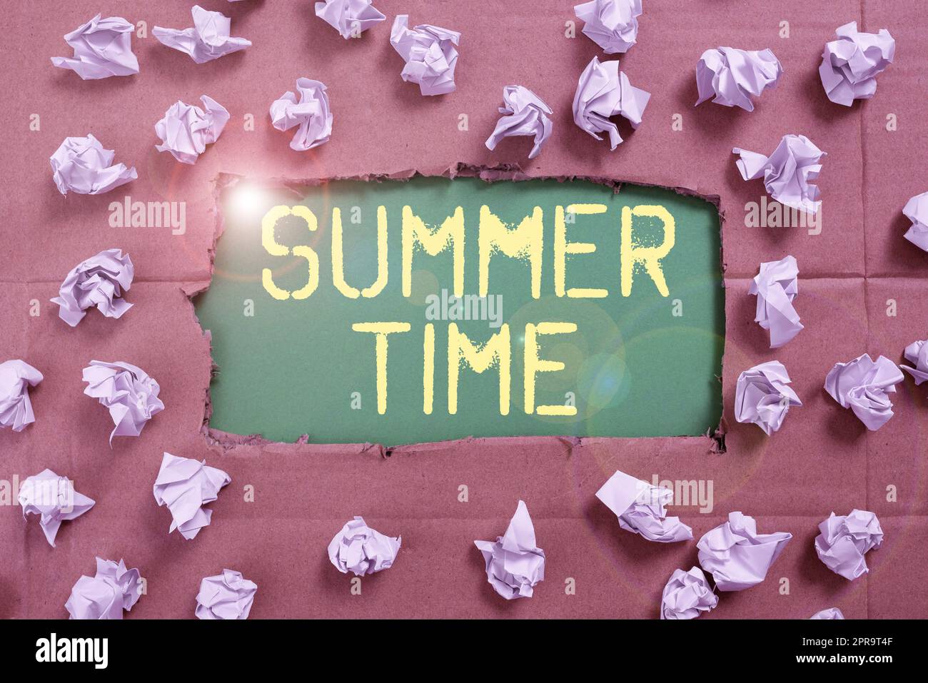Text sign showing Summer Time. Business idea Longer daylight Tropical season Beach activities Vacation Important Ideas Written Under Ripped Cardboard With Paper Wraps Around. Stock Photo