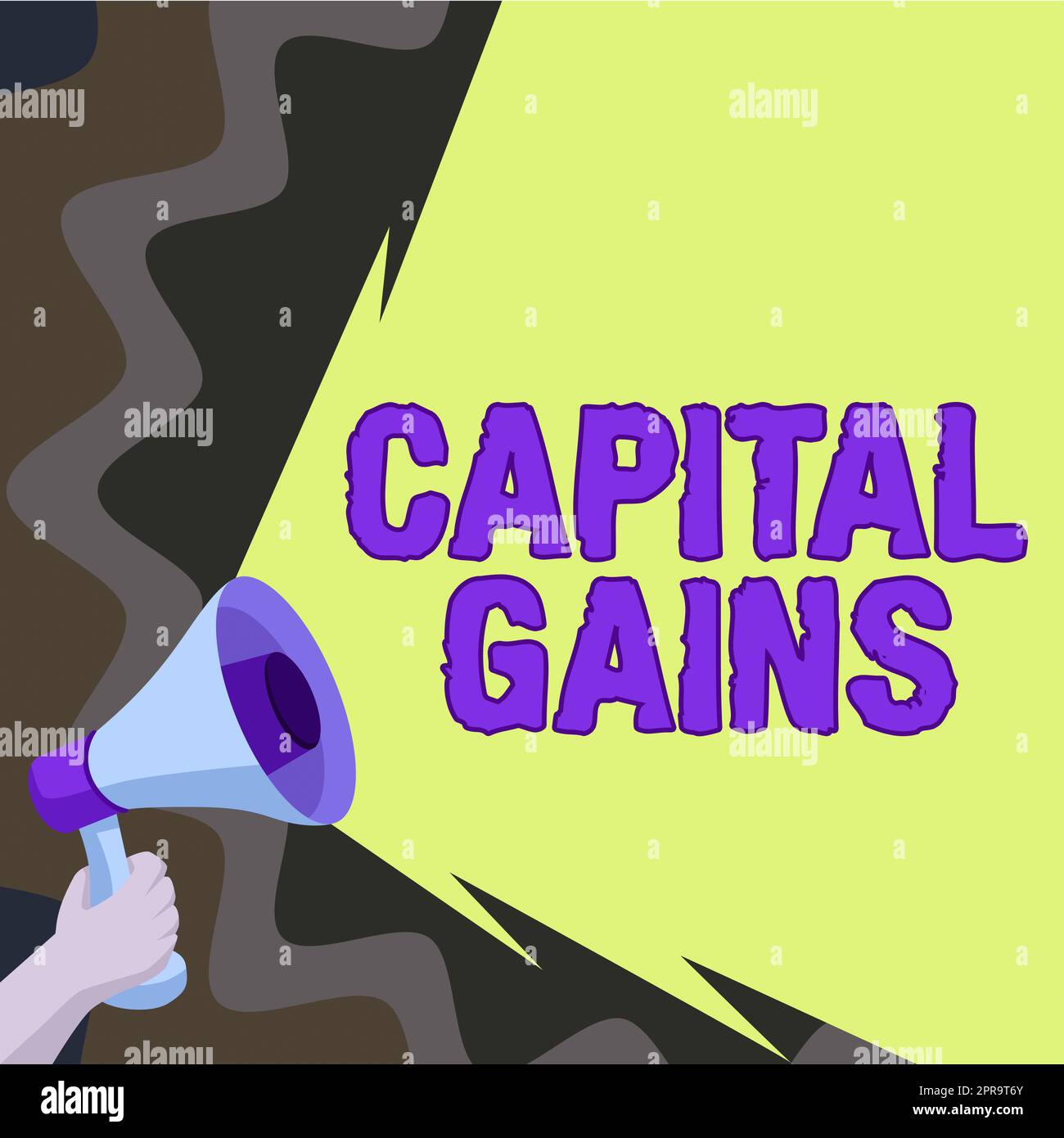 Conceptual display Capital Gains, Business idea Bonds Shares Stocks Profit Income Tax Investment Funds Man Holding Megaphone And Presenting Important Stock Photo