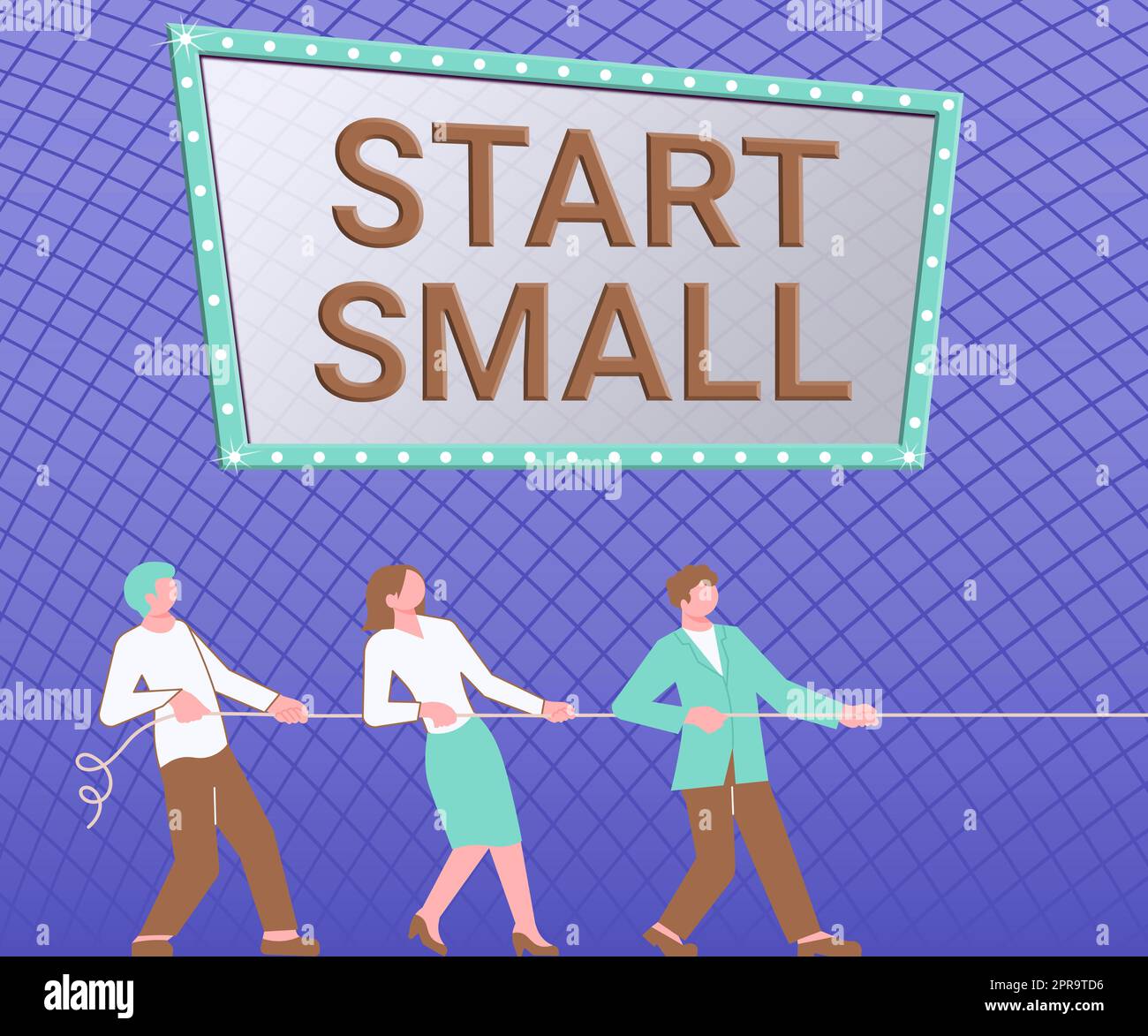 Handwriting text Start Small. Word Written on Small medium enterprises start up Business entrepreneurship Three Colleagues Pulling Rope Together Presenting Teamwork Success Plans. Stock Photo