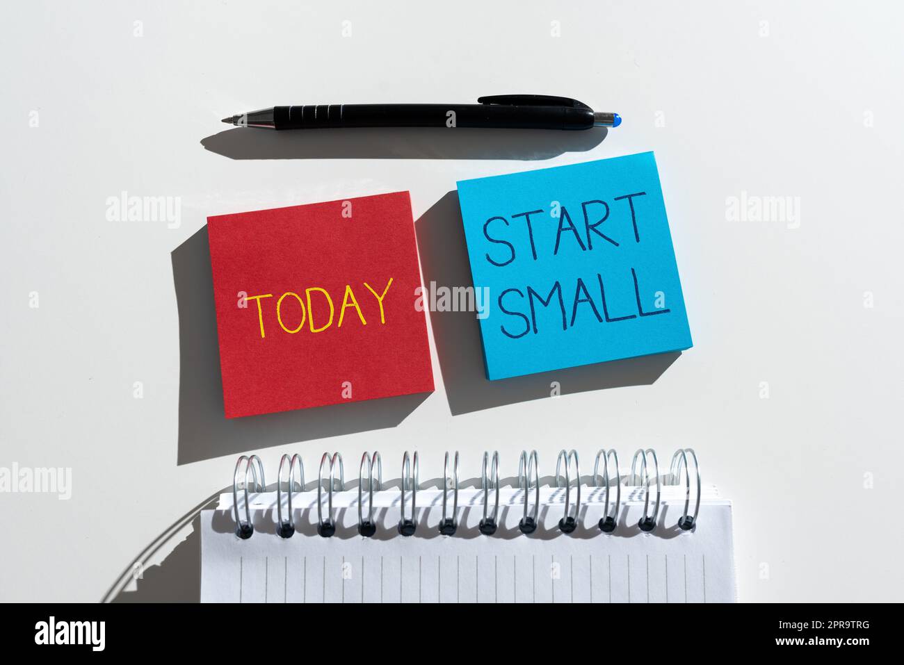 Text caption presenting Start Small. Business idea Small medium enterprises start up Business entrepreneurship Important Messages Written On Two Notes On Desk With Pen And Notebook. Stock Photo