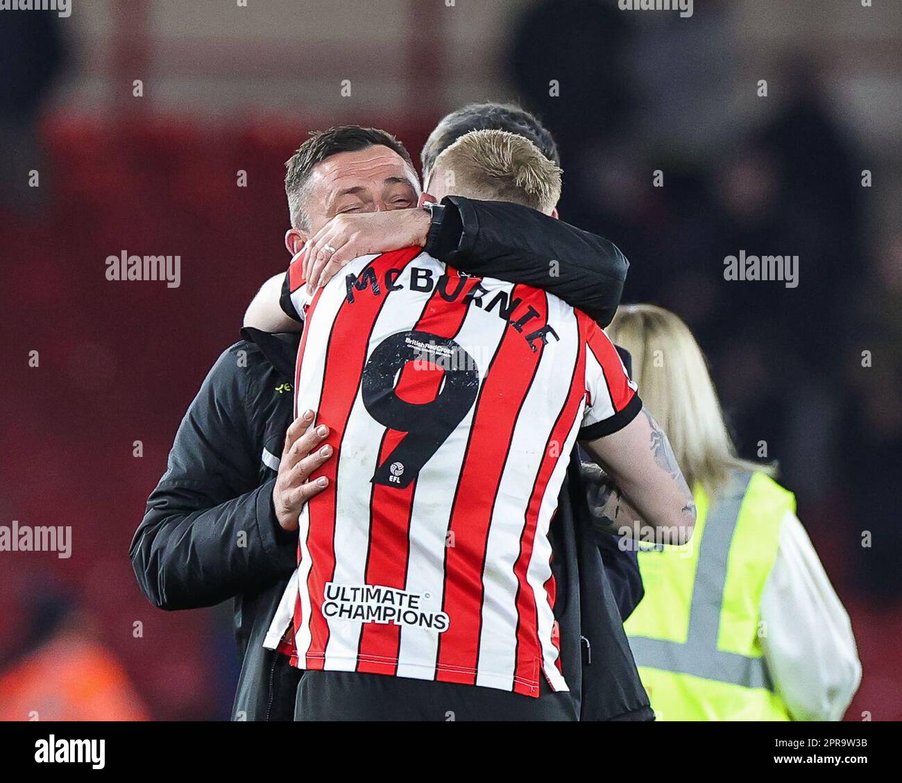 Paul Heckingbottom manager of Sheffield United celebrate promotion to