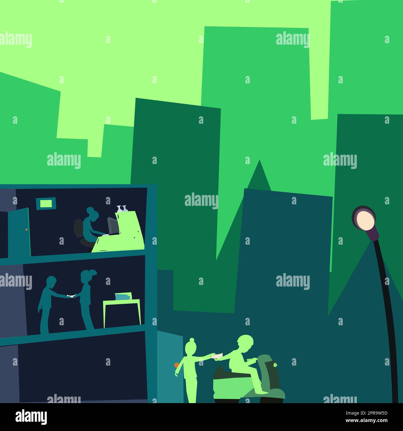 Office Building With Skyscrapers Drawing Showing City Skyline. Different High-Rise Buildings Showing Cityscape Horizon.Towering Architectures Spread Across The Town. Stock Vector