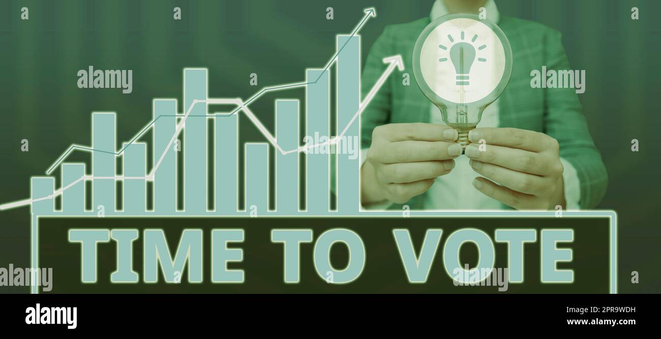 Hand writing sign Time To Vote. Internet Concept Election ahead choose between some candidates to govern Woman With Light Bulb Presenting Crucial Diagrams And Information. Stock Photo