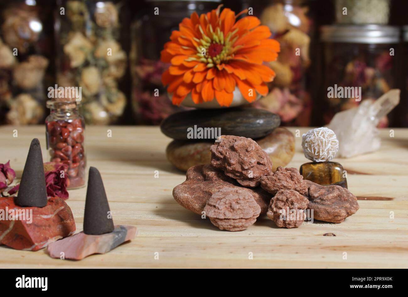 Incense Cones and Desert Rose Rocks on Meditation Table Stock Photo - Alamy
