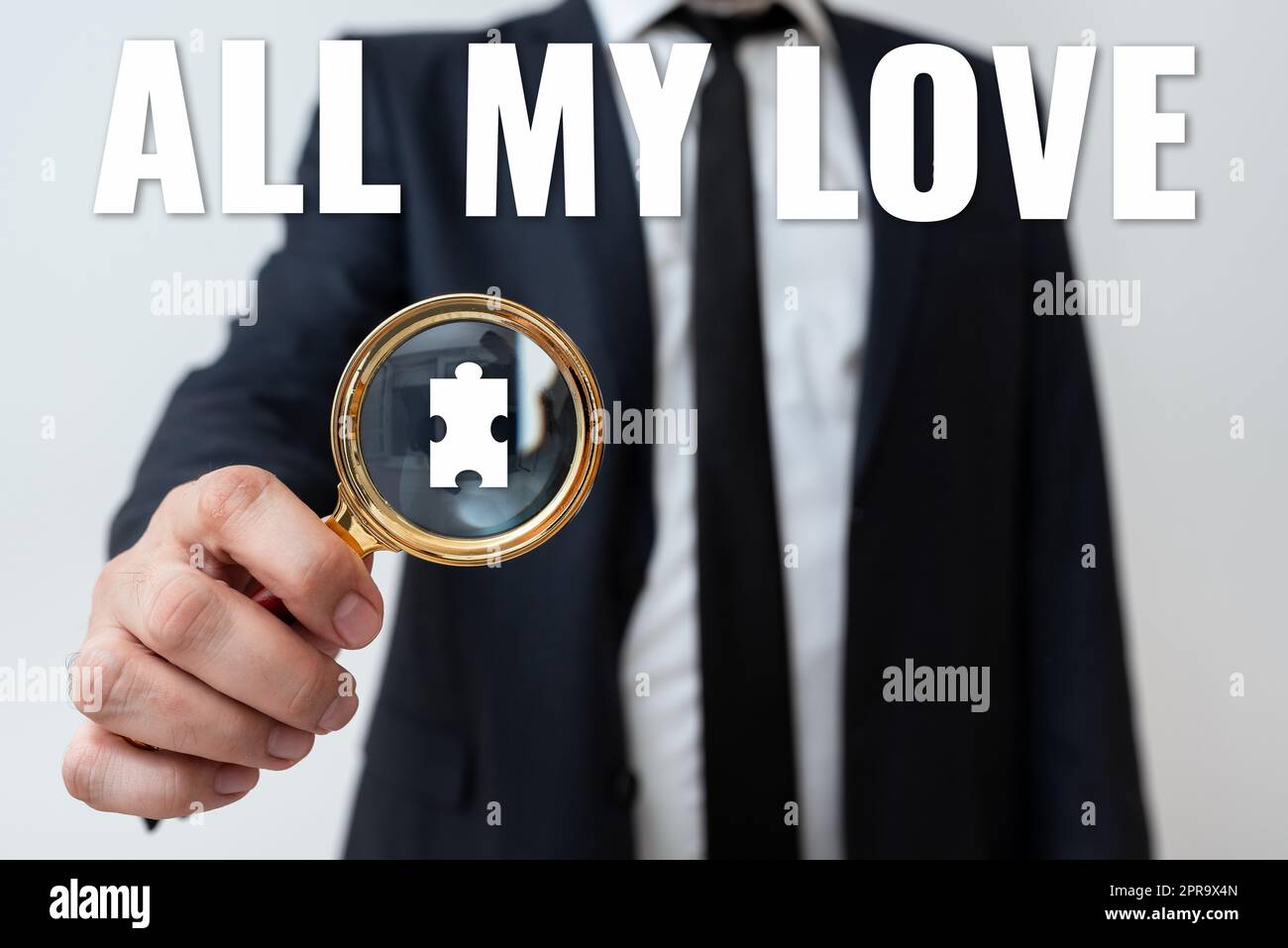 Text caption presenting All My Love. Business showcase The whole affection and good feeling for you Romance happiness Man Having Magnifying Glass To Point Important Informations. Stock Photo